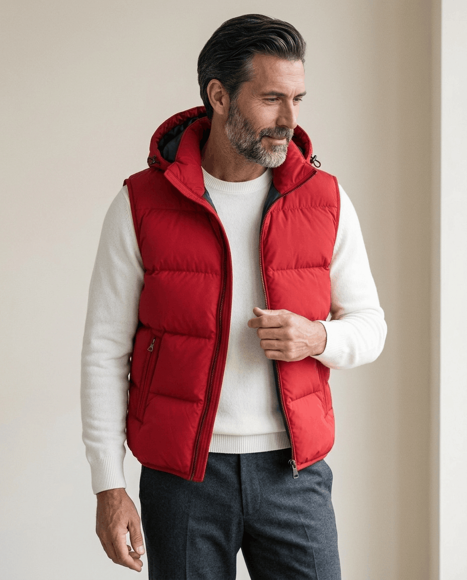 Red quilted vest with hood over a white sweater, standing in front of a warm studio wall