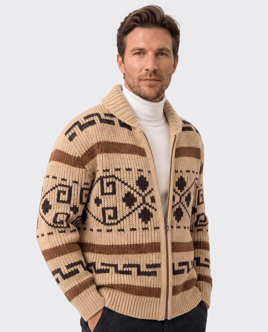 Men's Zip Cardigan – Jacquard Knit, Shawl Collar & Ribbed Cuffs | Rhett