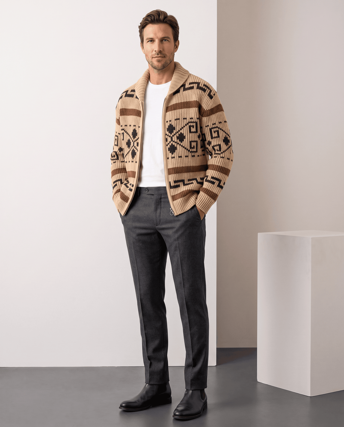 Full-length look with khaki jacquard zip cardigan, gray trousers and black shoes