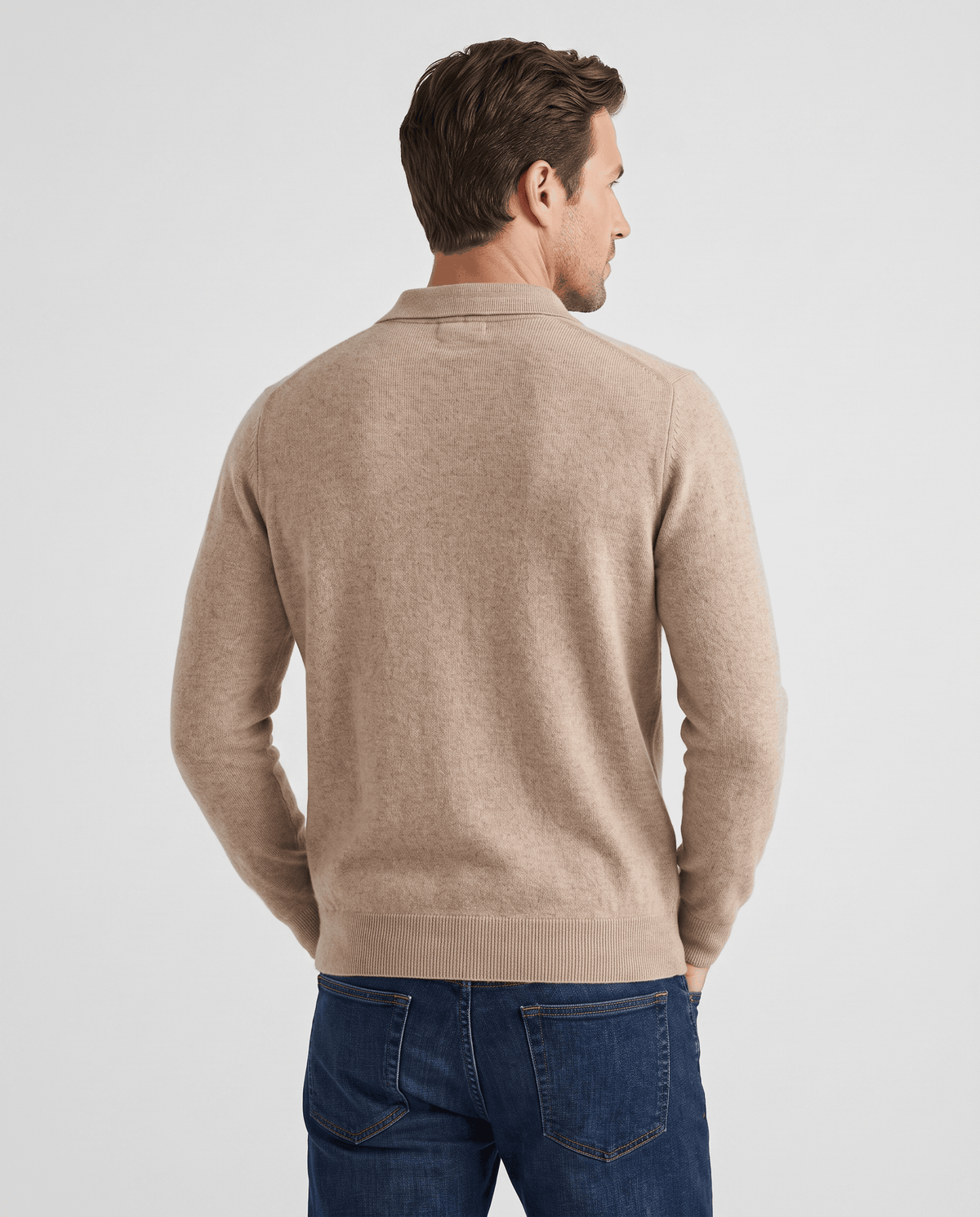 Back view of the Elias khaki wool knit polo sweater