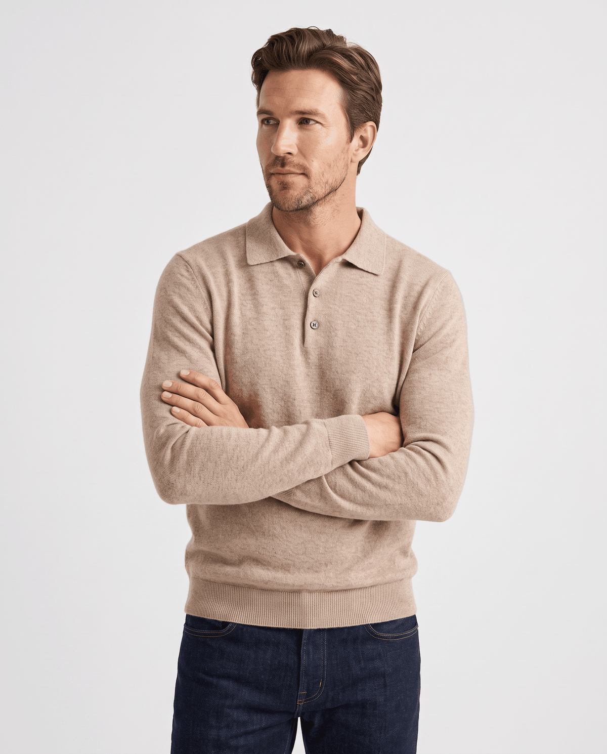 Man wearing the Elias khaki wool knit polo sweater, front view
