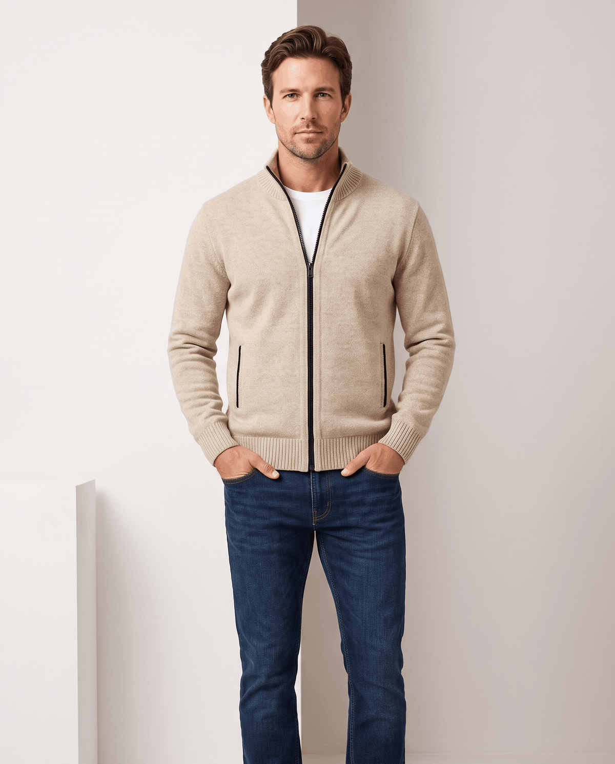 Man wearing a beige knit zip-up cardigan sweater open over a white tee and jeans