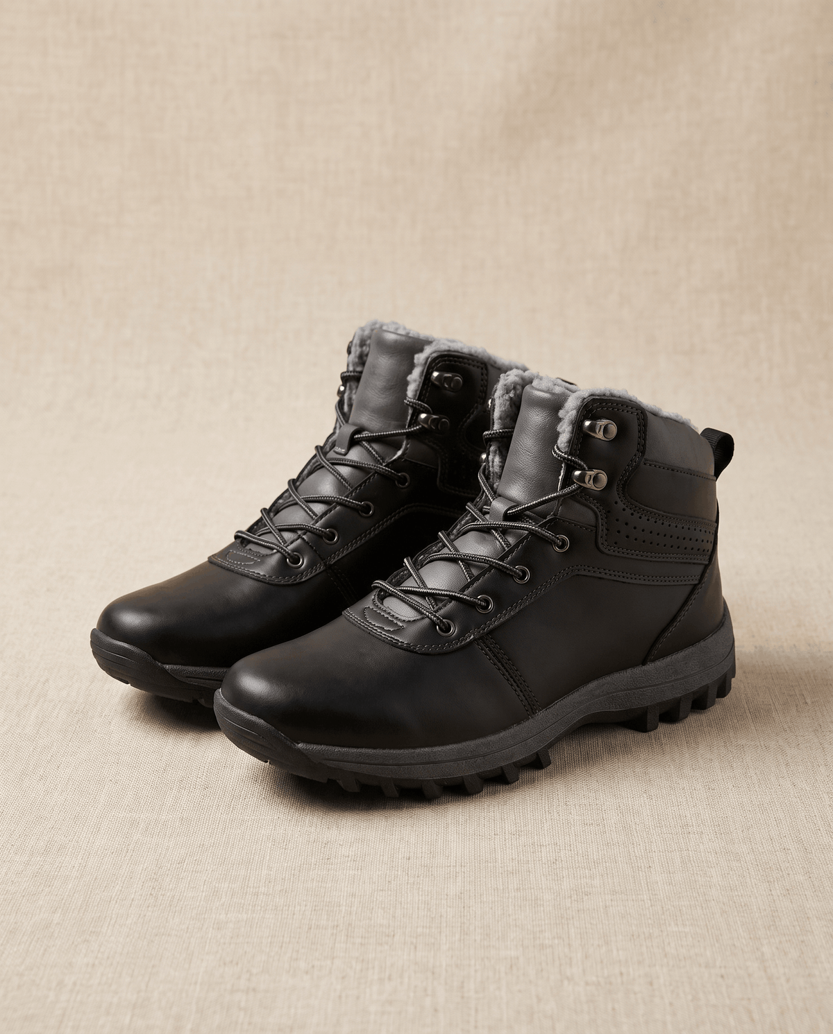 Pair of black leather-look boots angled to show paneled quarters and speed hooks