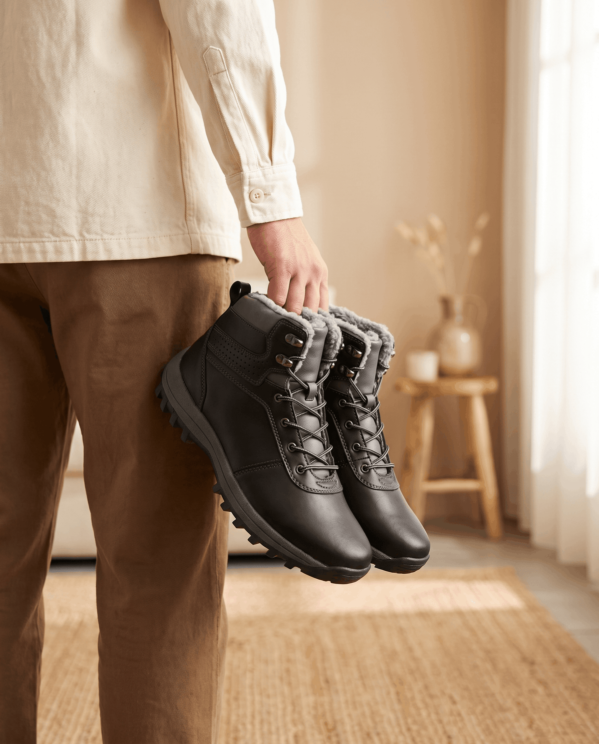 Black boots worn with tapered chinos in a bright, sparsely furnished room