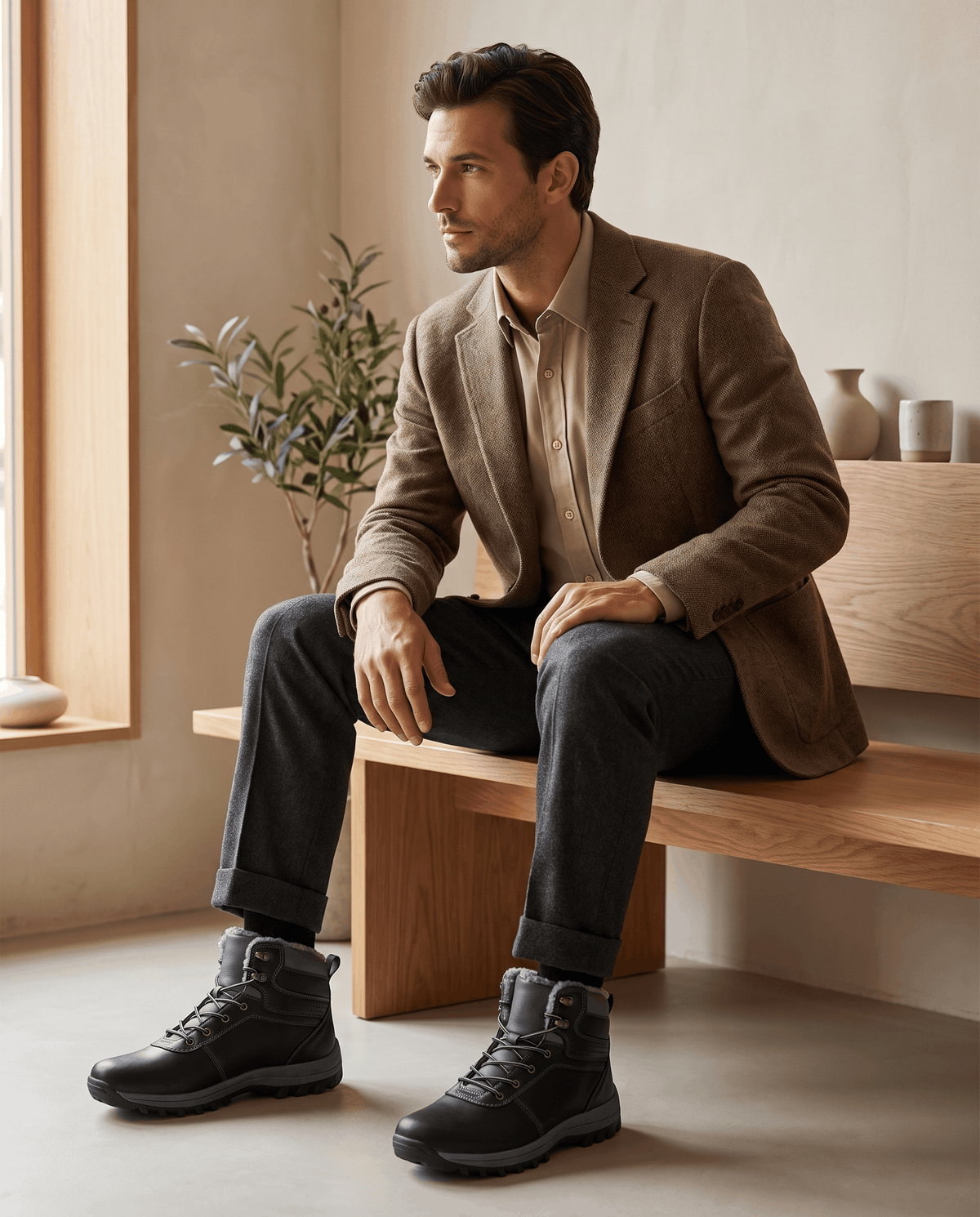 Seated man in a wool blazer wearing black lug-sole boots with cropped trousers