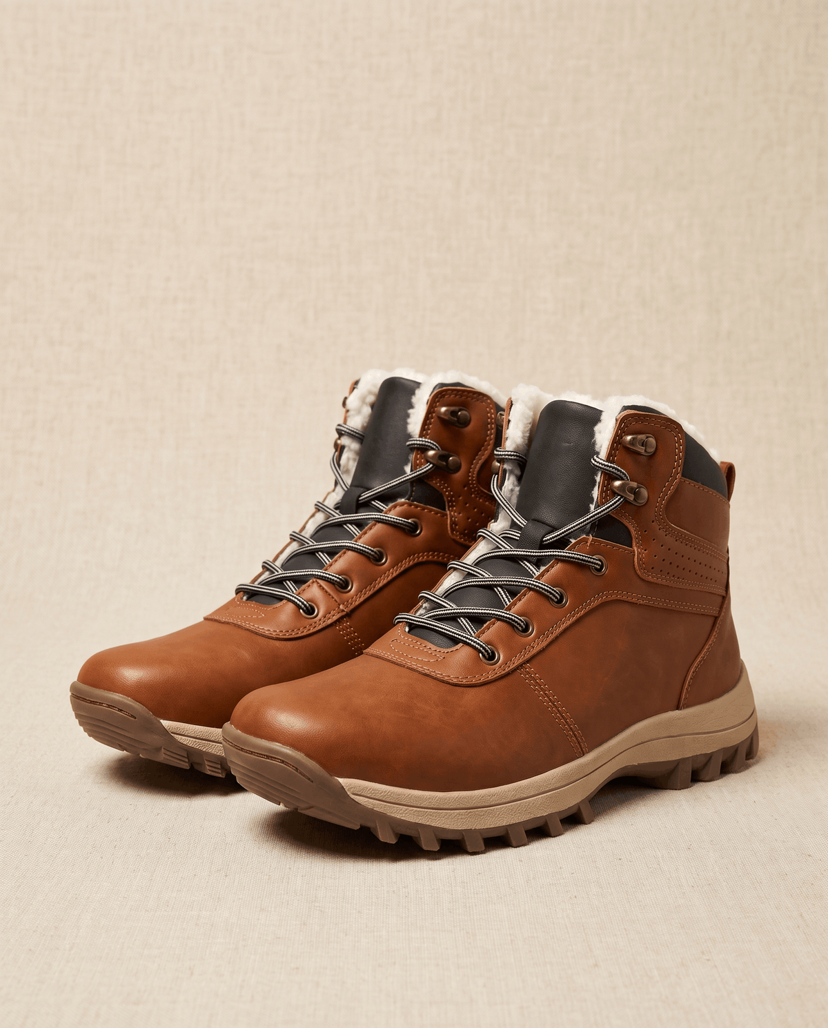 Cognac brown boots facing forward on beige, dark laces threaded through metal eyelets