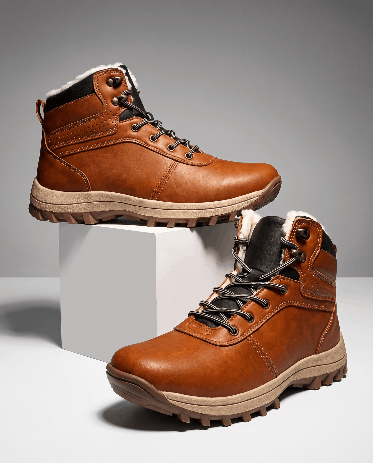 Two cognac brown boots staged on a white block, contrast cream lug outsole visible