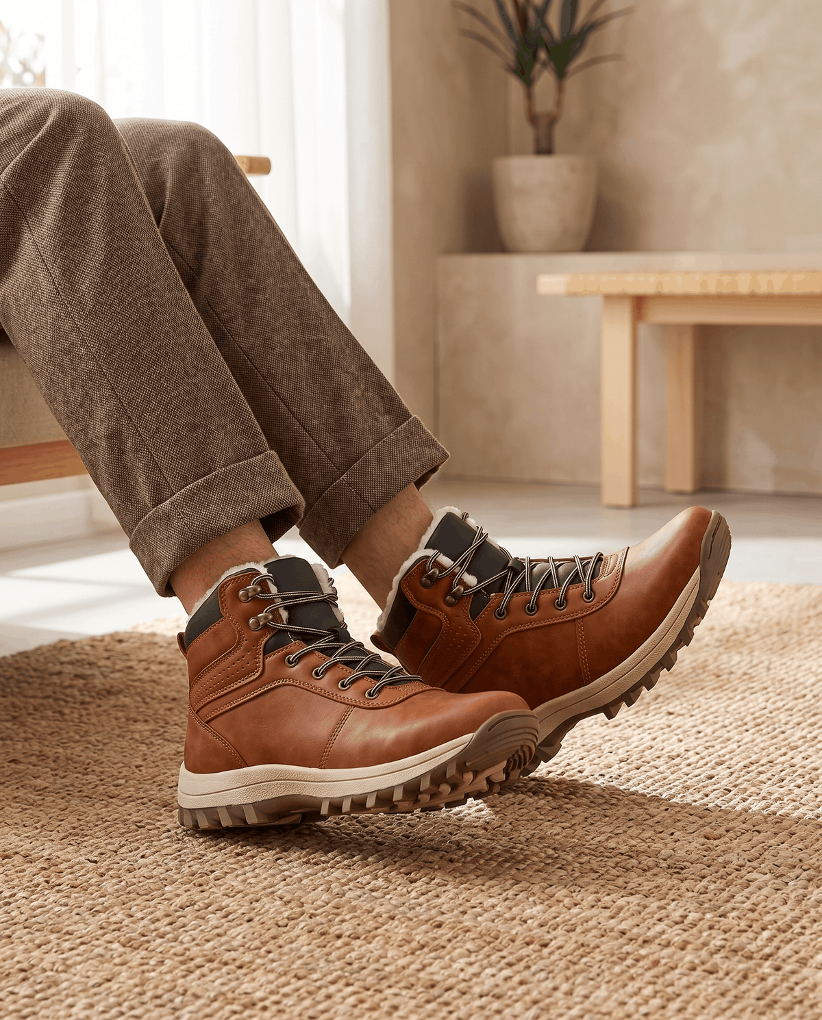 Cognac boots worn under wide brown trousers on a woven rug indoors