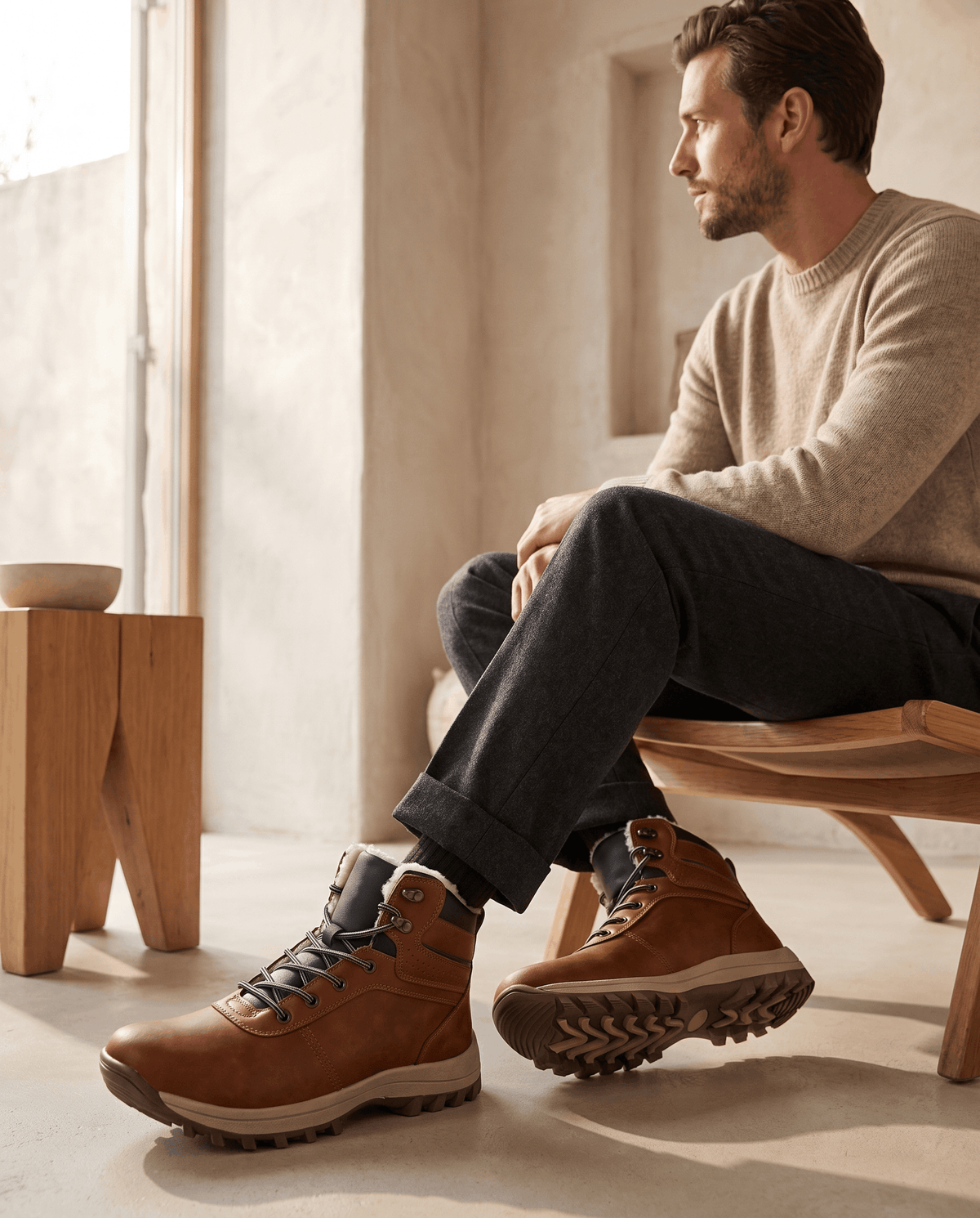 Seated man in a cream knit crossing his legs in cognac brown ankle boots
