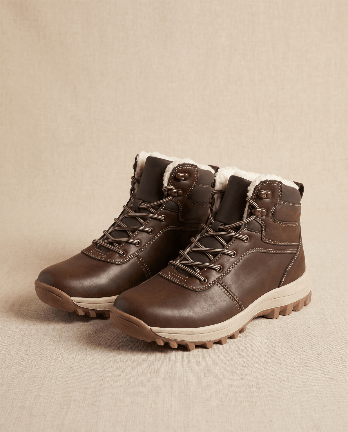 Dark brown boots straight on, showing stitched toe panels and cream lug outsole
