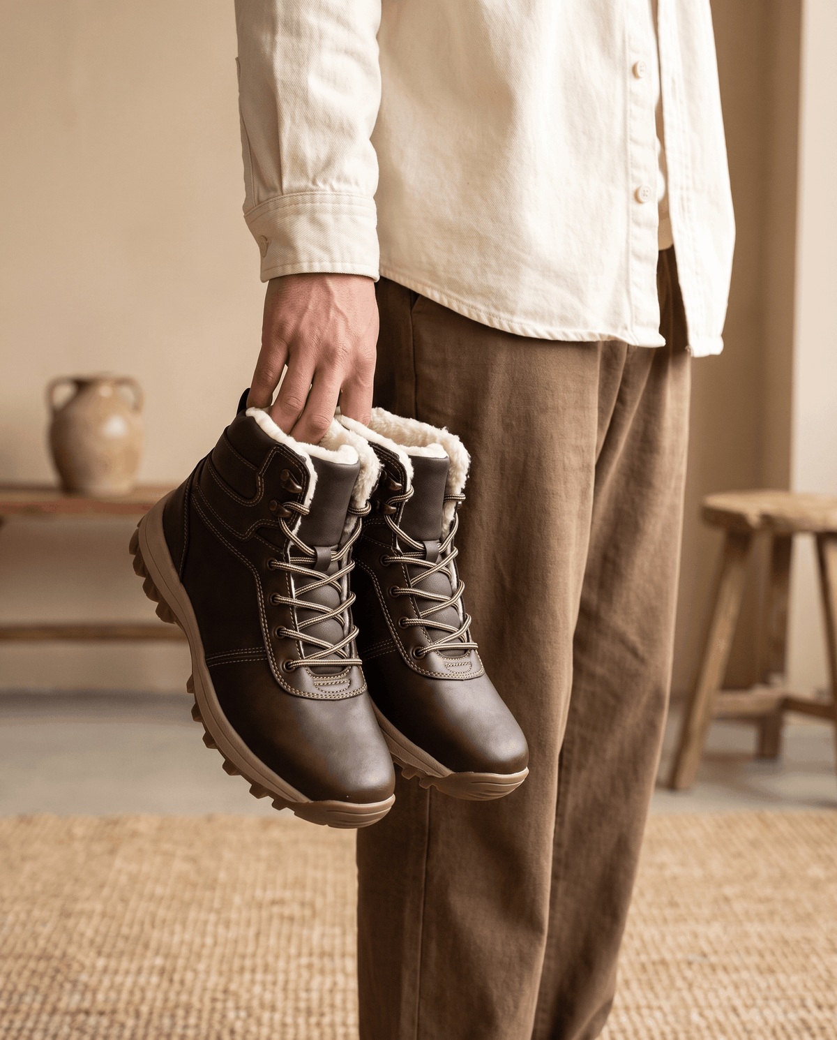 Dark brown boots worn with corduroy trousers beside a light wooden stool