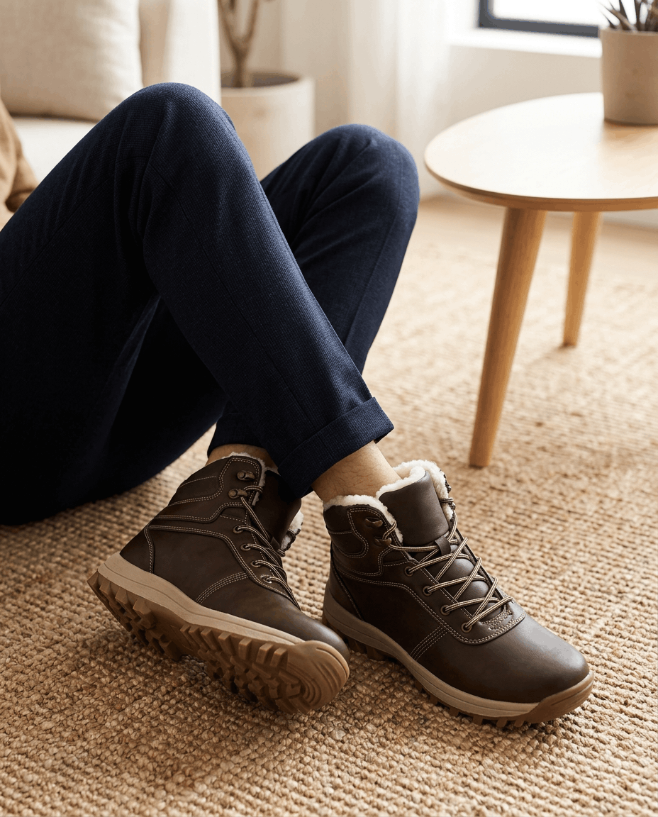 Dark brown boots worn with navy jeans, feet crossed at the ankle indoors