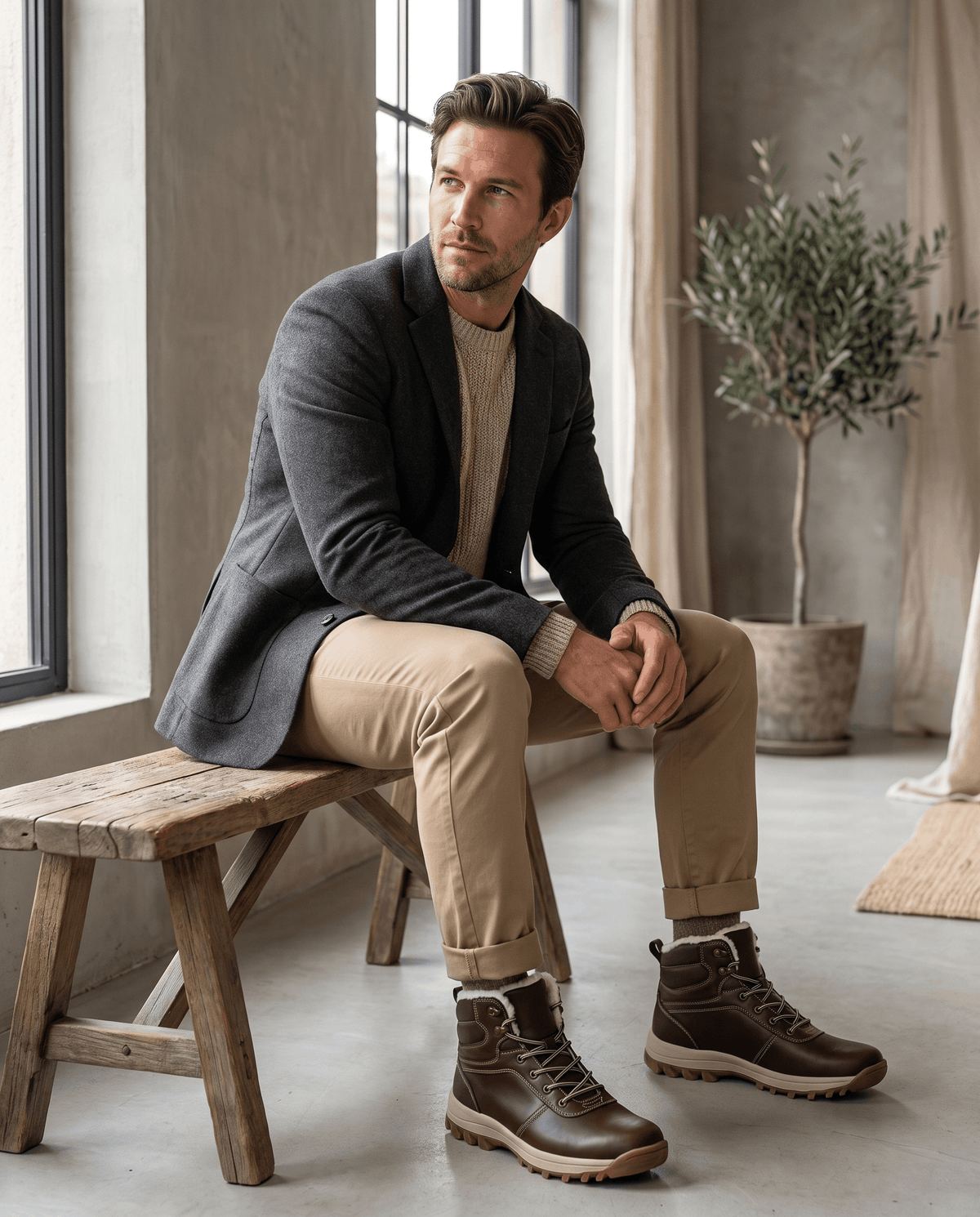 Seated man in a grey coat and chinos wearing dark brown lug-sole ankle boots