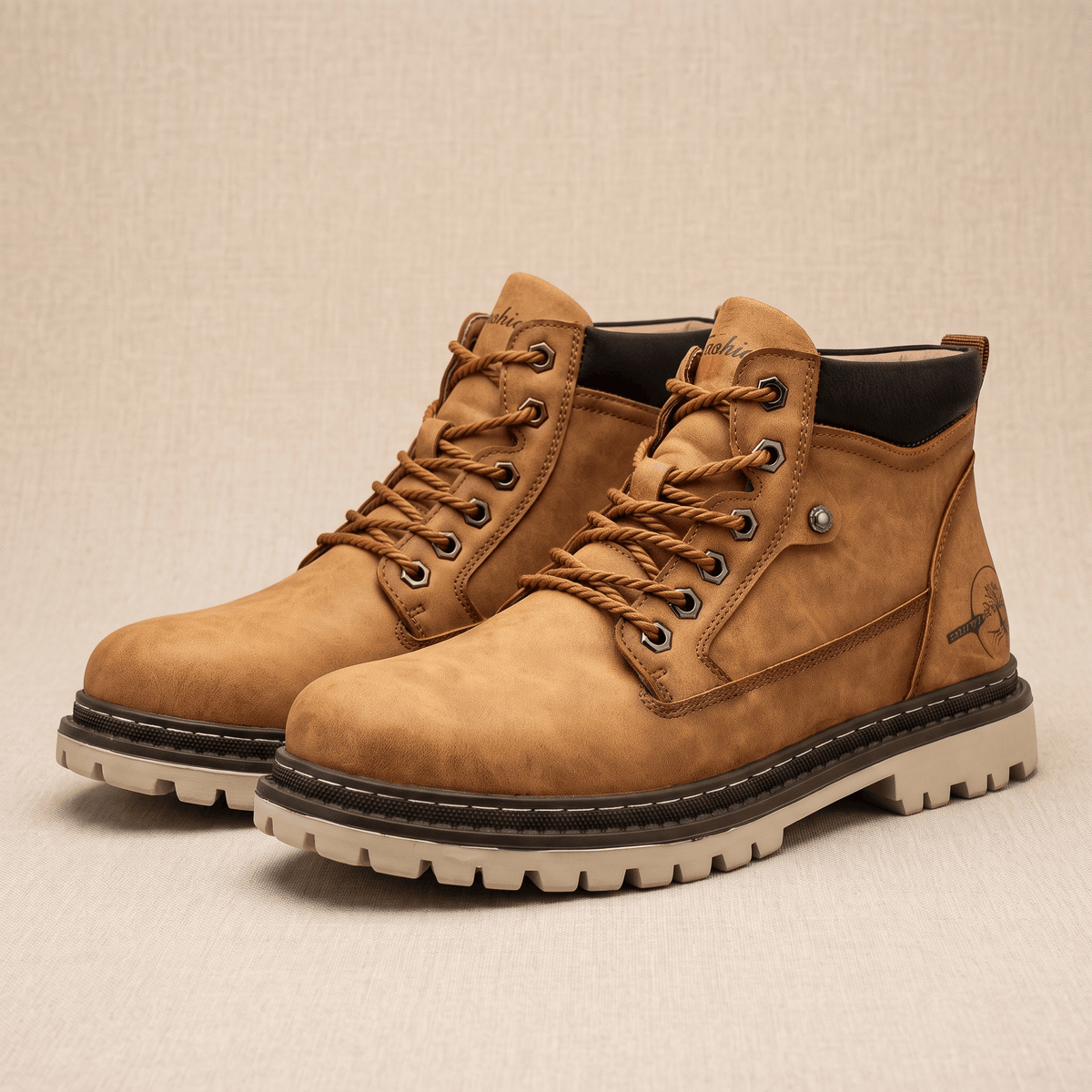 Brown lace-up work boots featuring a textured grain finish, padded ankle collar, bolt-style eyelets, and a chunky lug sole.