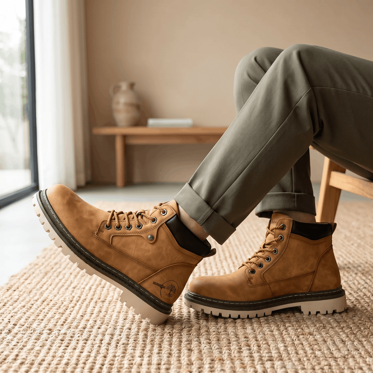 Brown textured grain leather lace-up work boots with a stitched welt, chunky lug outsole, and padded black ankle collar.