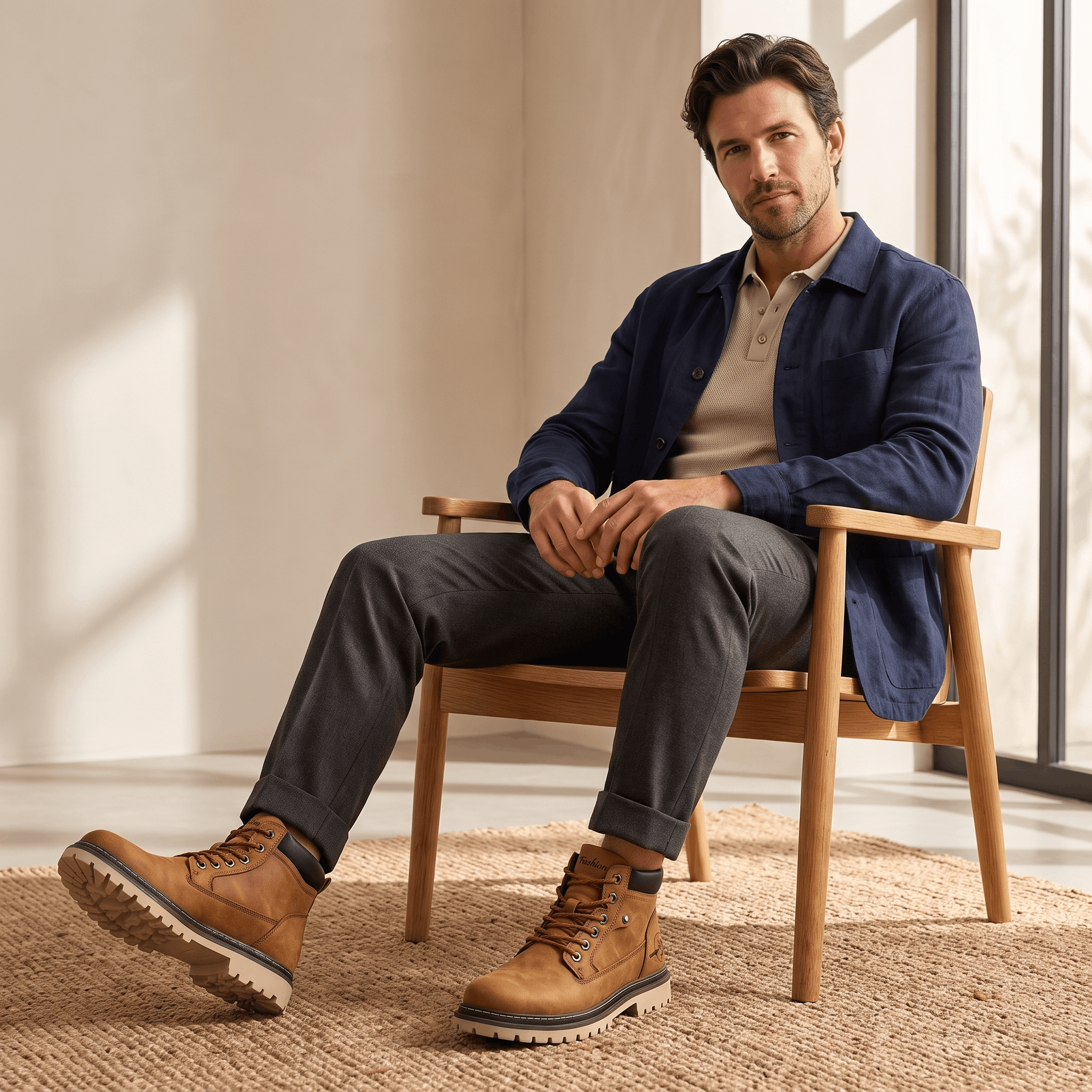 Brown matte grain leather work boots with a chunky lug sole, padded collar, and bolt-style eyelets worn by a seated man.