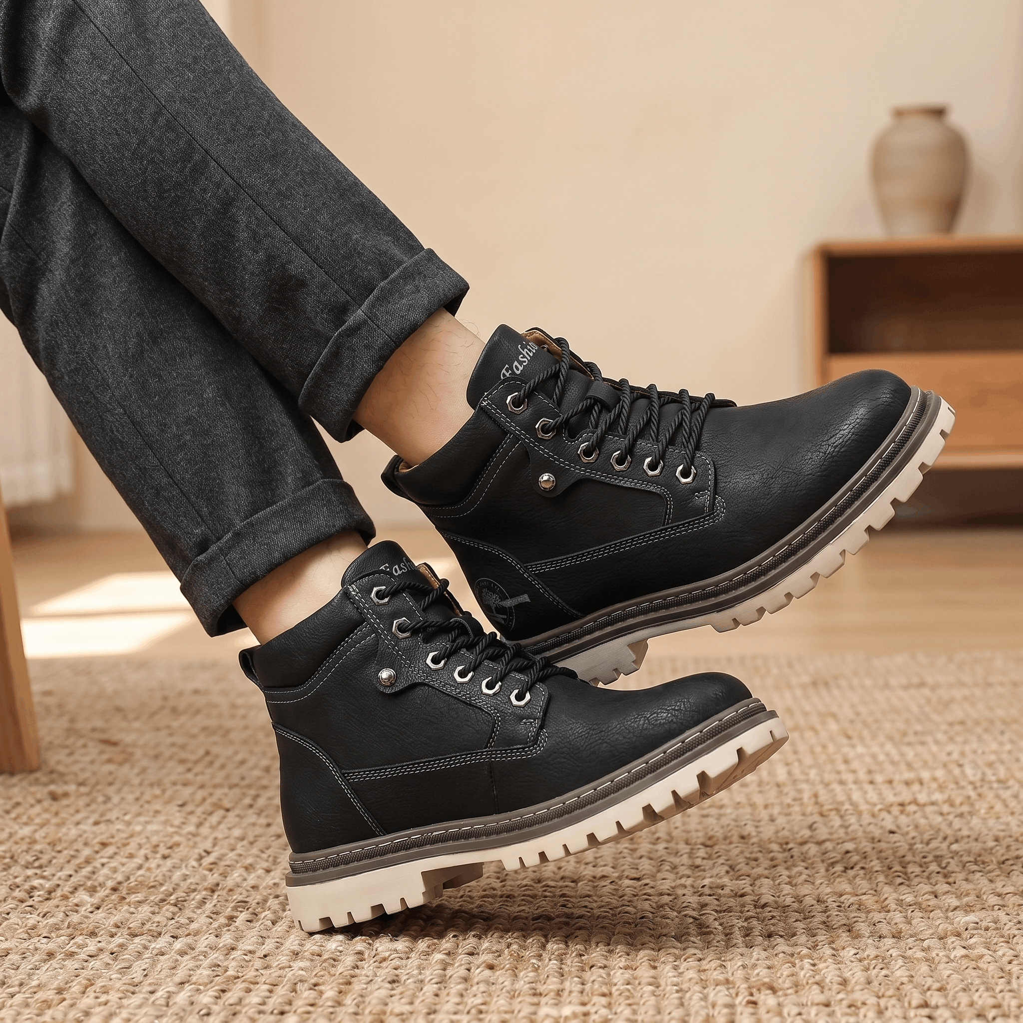 Black lace-up work boots with textured grain, bolt-style eyelets, padded collars, and chunky lugged soles on a jute rug.