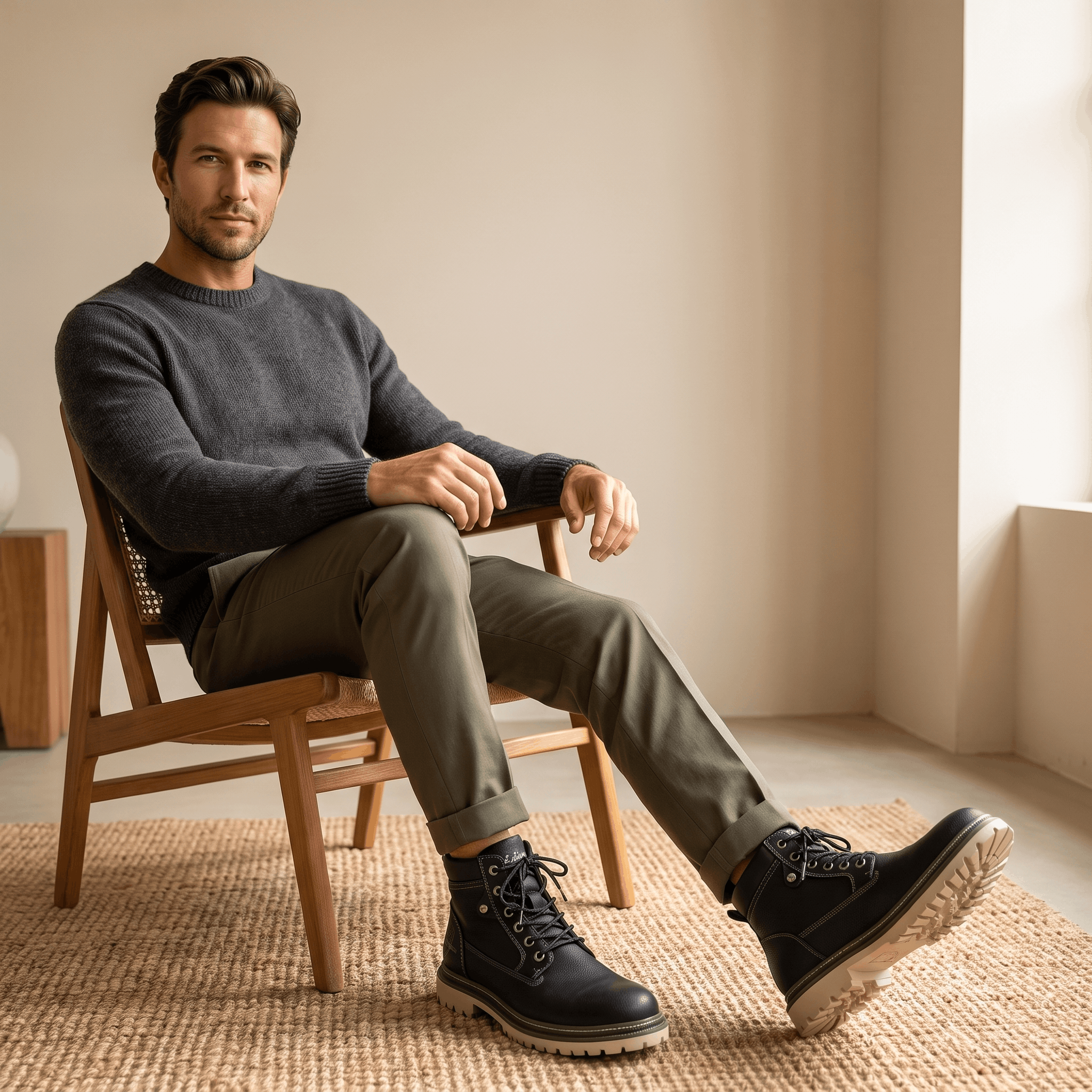 Black textured grain lace-up work boots with a stitched welt, padded collar, and chunky lug sole worn by a seated man.