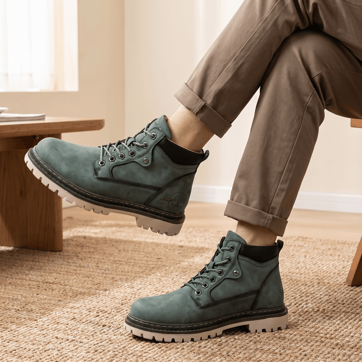 Sage green matte textured leather work boots with a chunky lug sole, padded collar, and reinforced bolt-style eyelets.