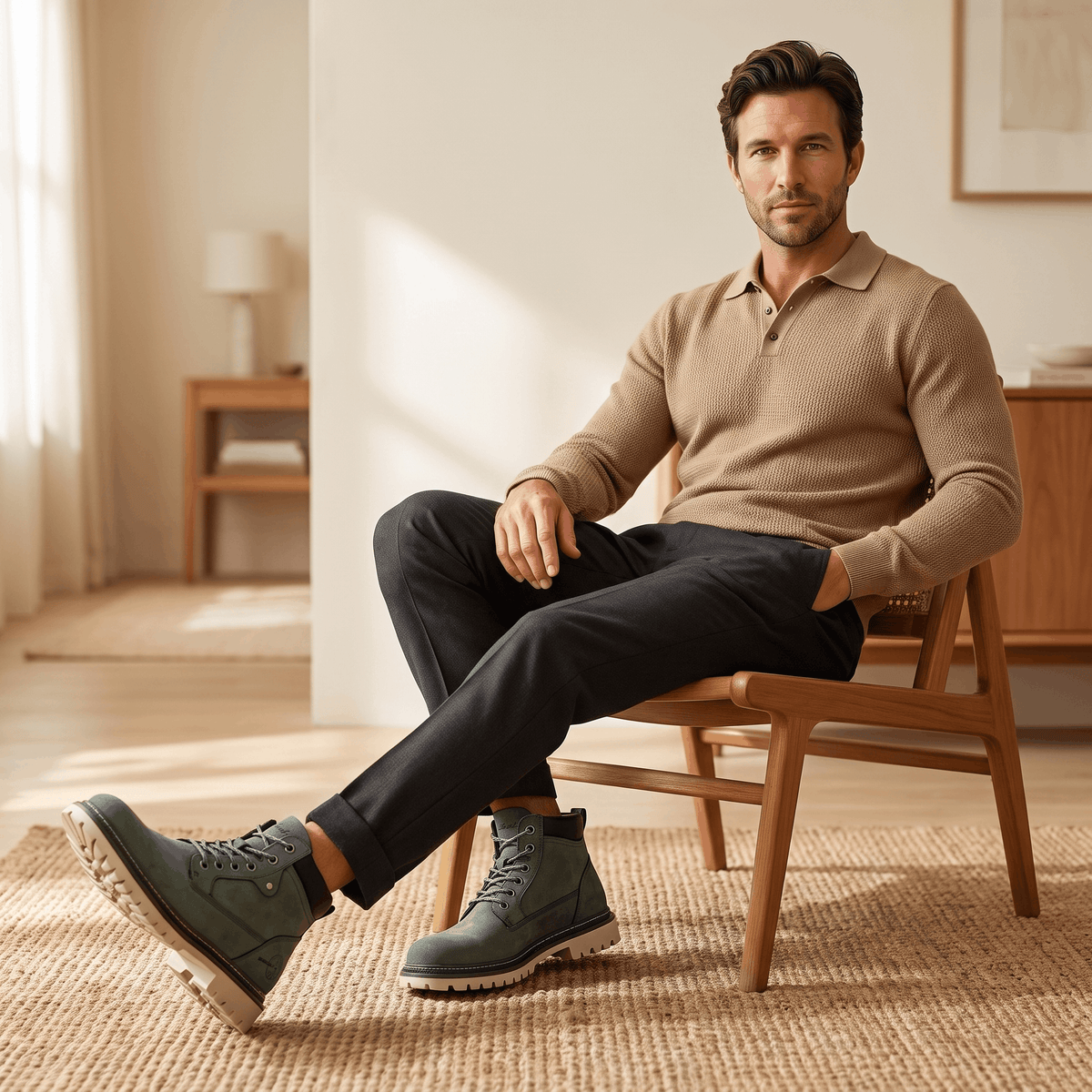 Sage green textured grain lace-up work boots with a chunky lug sole, padded ankle collar, and reinforced bolt-style eyelets.