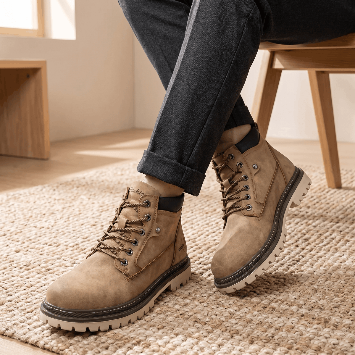 Khaki lace-up work boots in matte textured grain with a stitched welt, chunky lug outsole, and padded ankle collar.