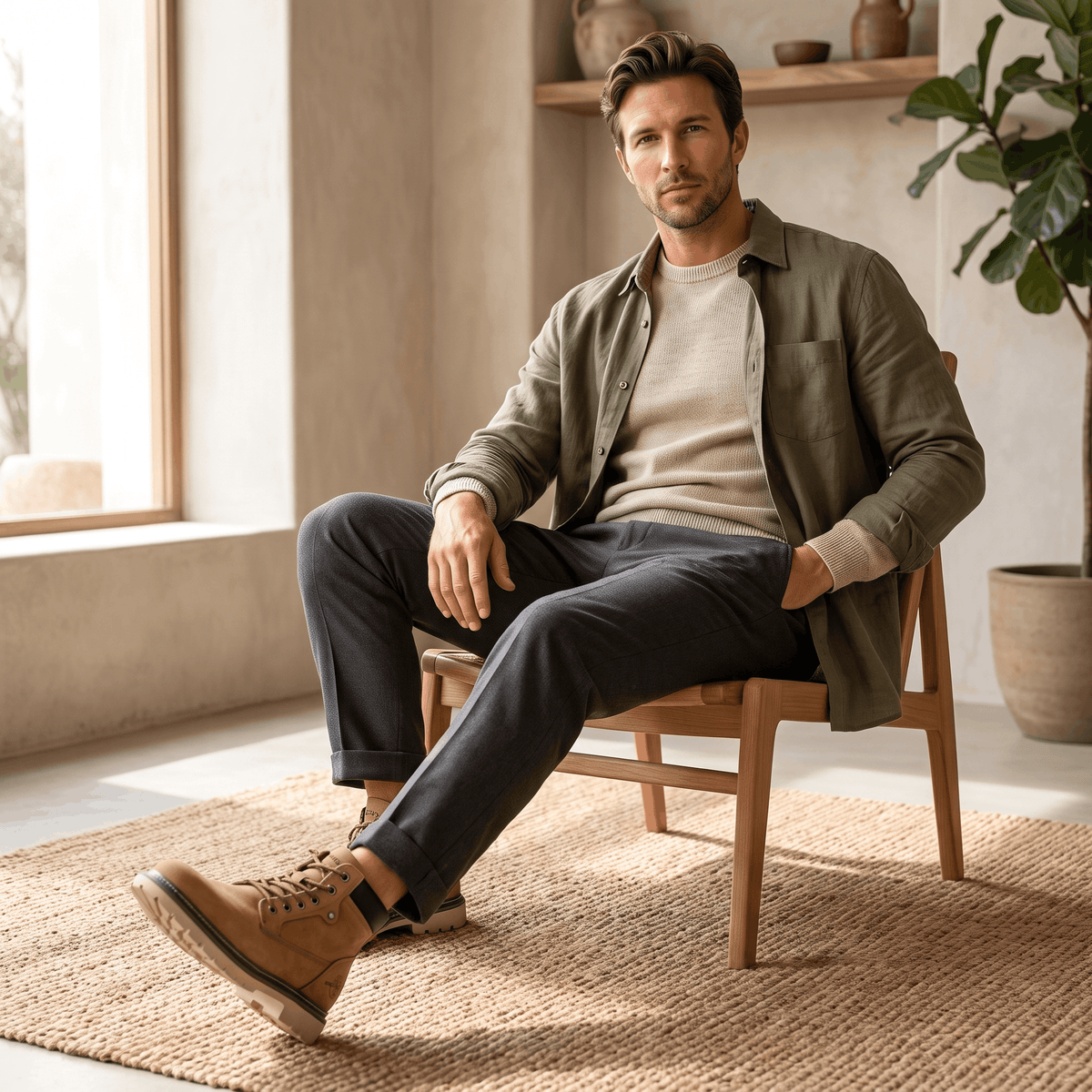 Khaki leather lace-up work boots with a chunky lug sole, padded collar, and bolt-style eyelets worn with cuffed trousers.
