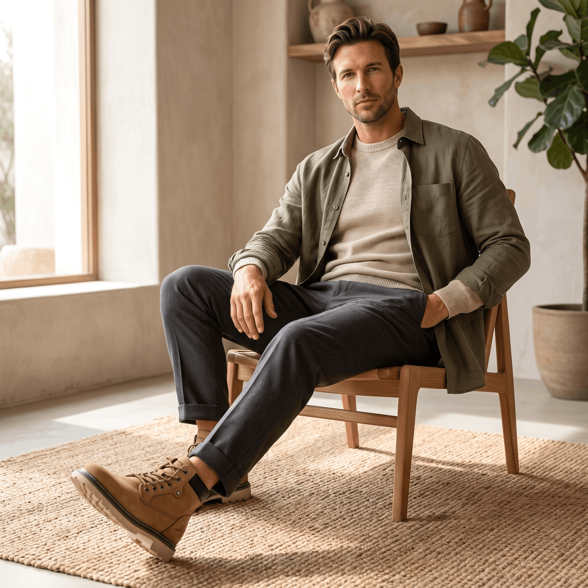 Khaki leather lace-up work boots with a chunky lug sole, padded collar, and bolt-style eyelets worn with cuffed trousers.