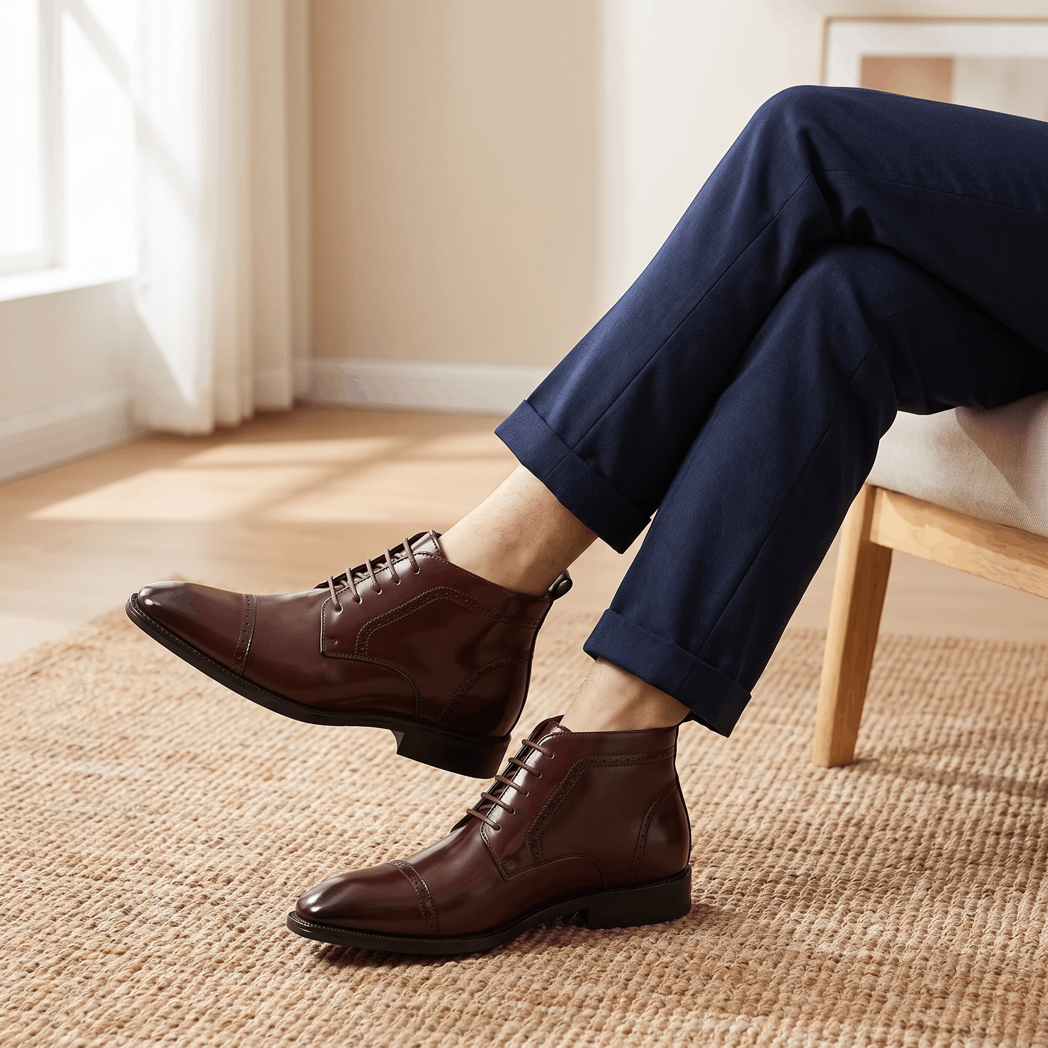 Polished dark brown leather brogue boots with a punched cap toe, five-eyelet lacing, and a slim sole worn with navy trousers.