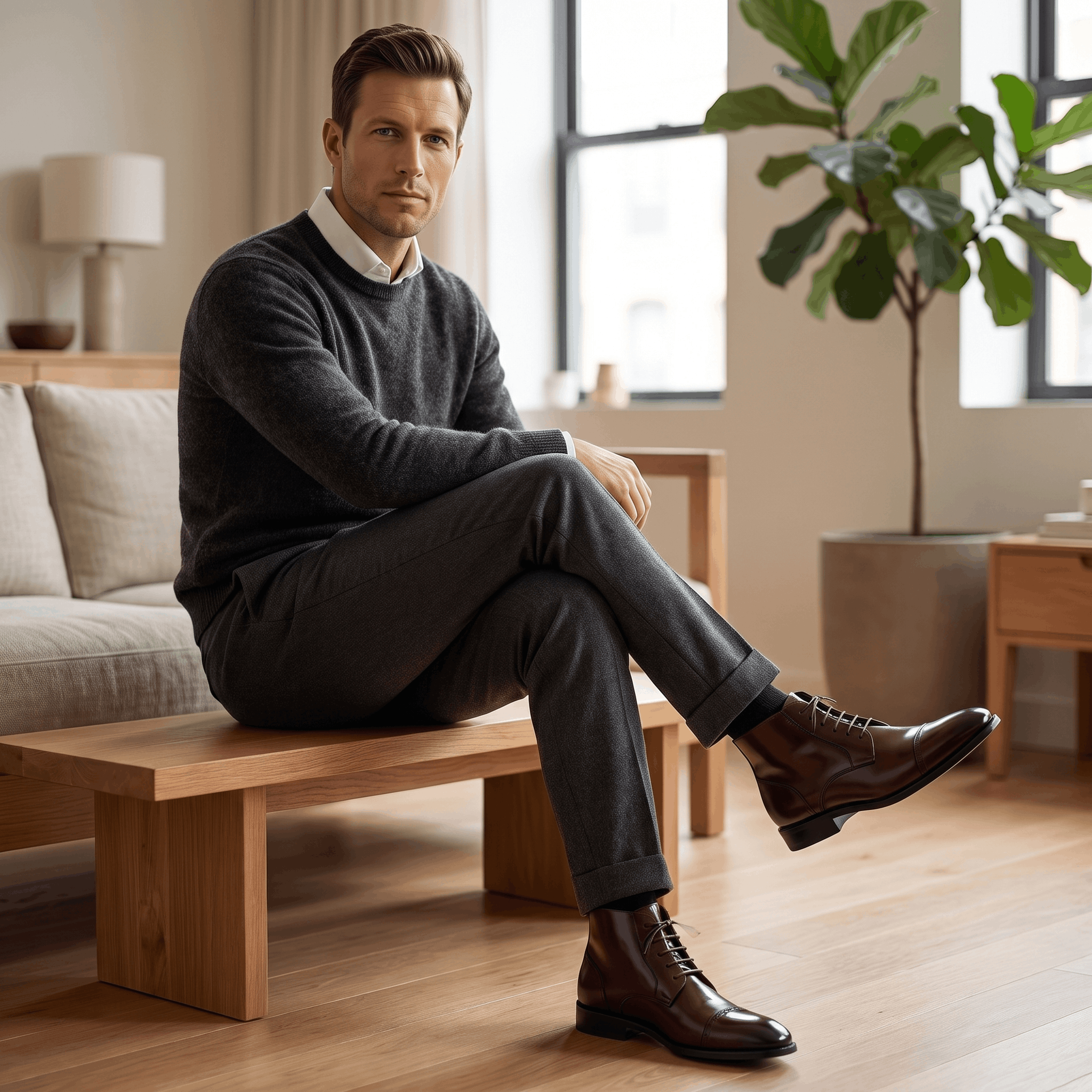 Polished dark brown leather brogue boots with a punched cap toe, five-eyelet lacing, and a slim non-slip rubber sole.