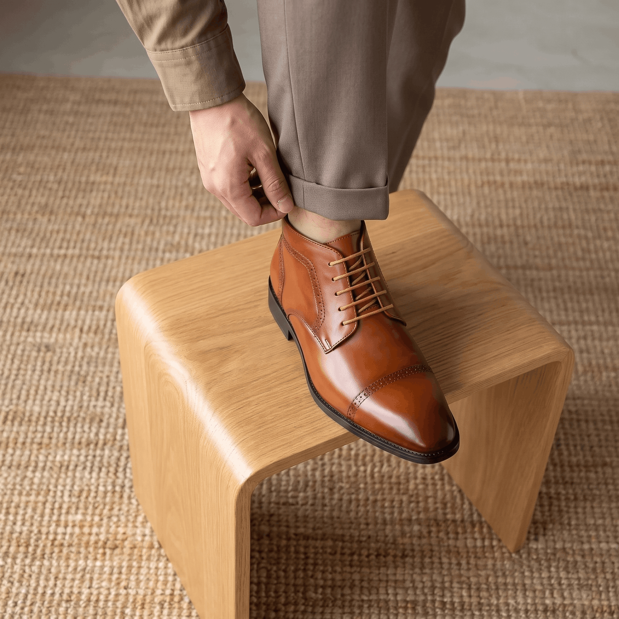 Brown leather brogue boots with a punched cap toe, five-eyelet lacing, and a slim rubber sole resting on a wooden stool.