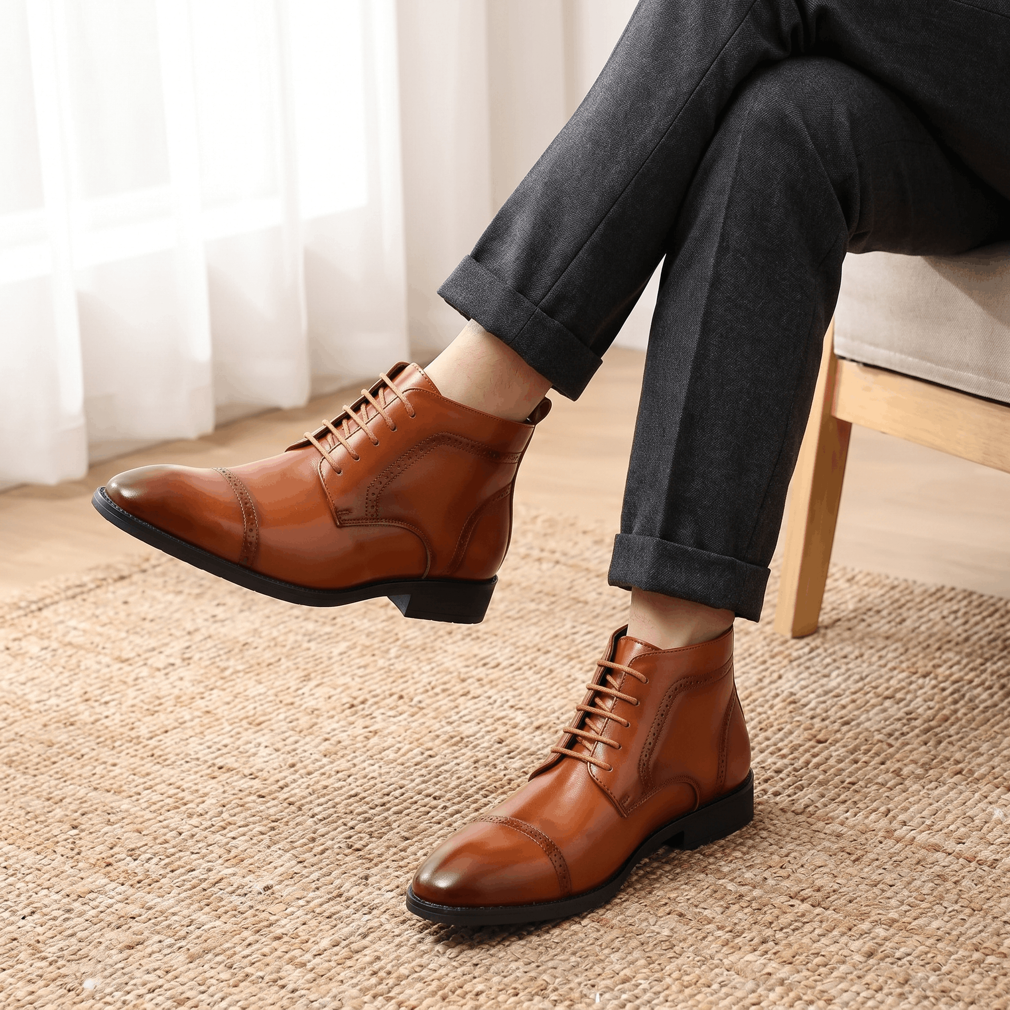 Brown leather brogue boots with punched cap toes, five-eyelet lacing, and slim non-slip rubber soles worn with grey trousers.