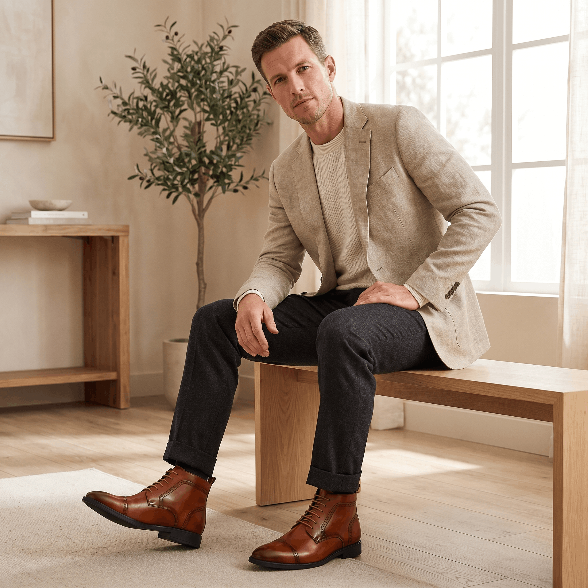 Polished brown leather brogue boots with a punched cap toe, five-eyelet lacing, and a slim non-slip rubber sole.