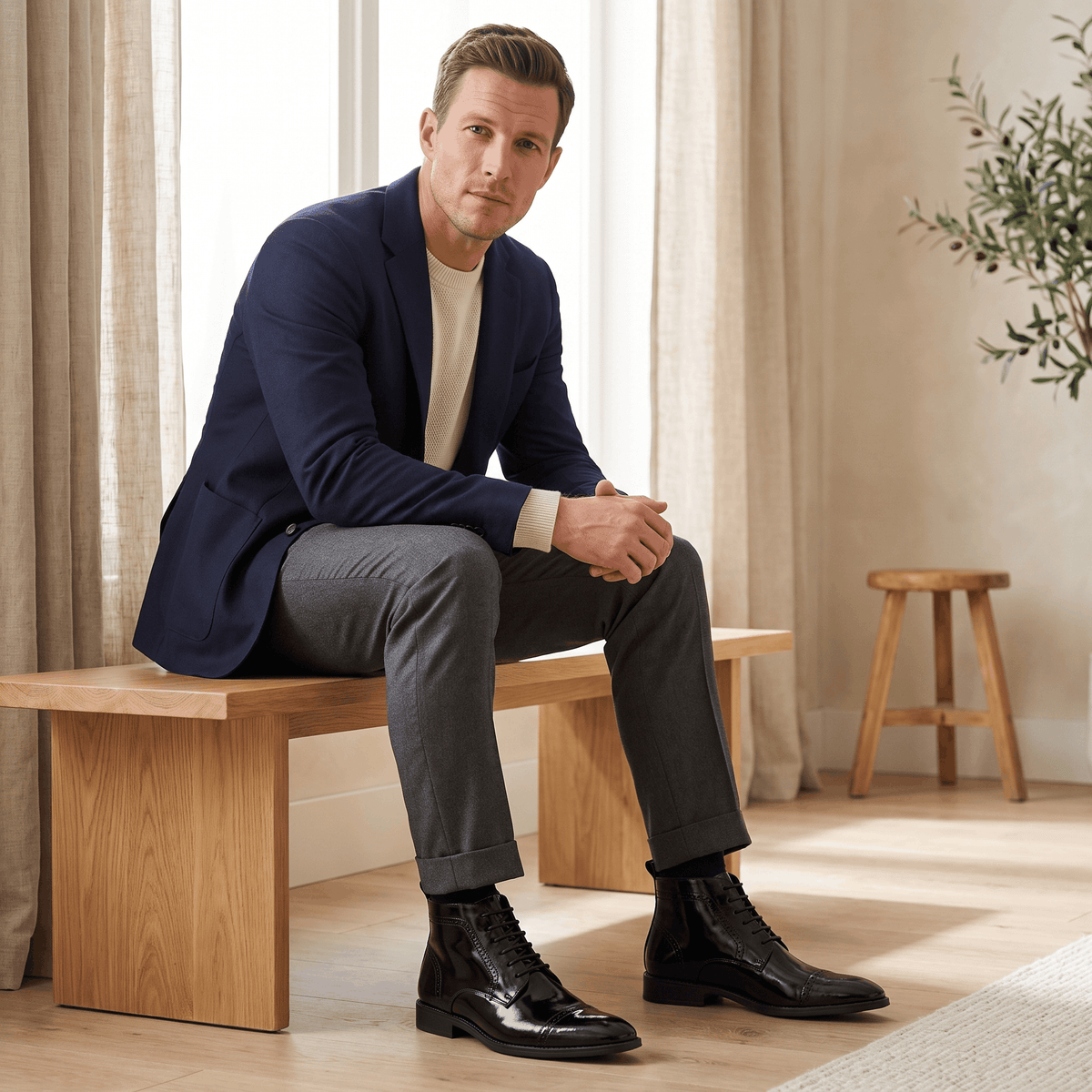 Polished black leather brogue boots with a punched cap toe, five-eyelet lacing, and a slim rubber sole worn with grey trousers.