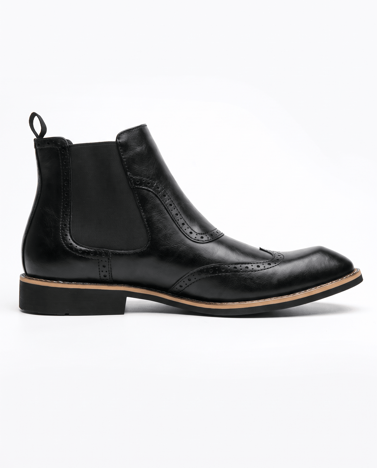 Side view of a black Chelsea boot with elastic panel, pull tab and low block heel