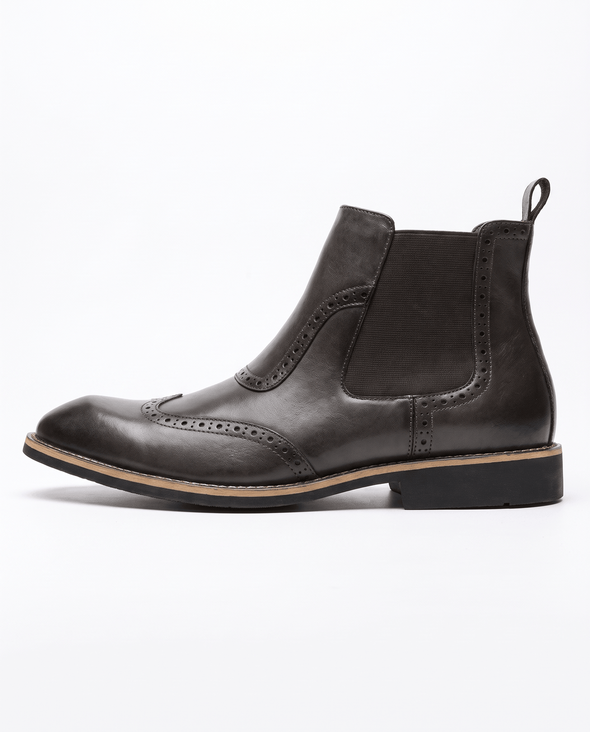 Side view of a dark brown Chelsea boot with brogue toe and low block heel