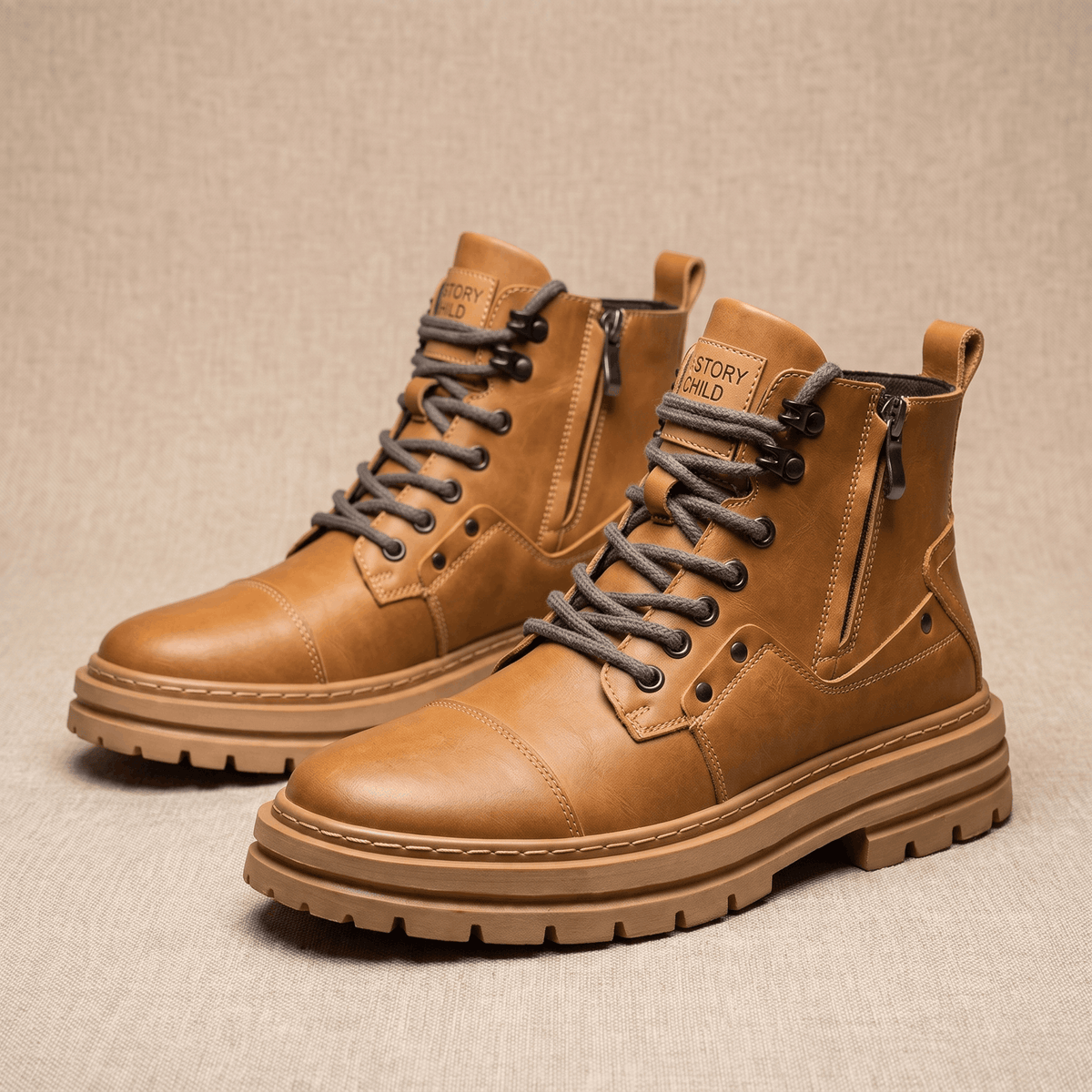 Tan leather combat boots with cap toe stitching, side zip, grey laces, and a thick, lugged rubber platform sole.