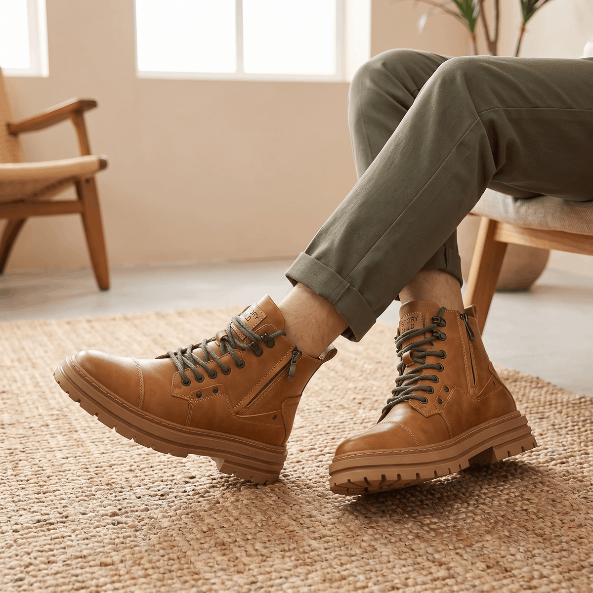 Tan leather combat boots with a reinforced cap toe, side zip, and chunky lug sole worn with cuffed trousers.