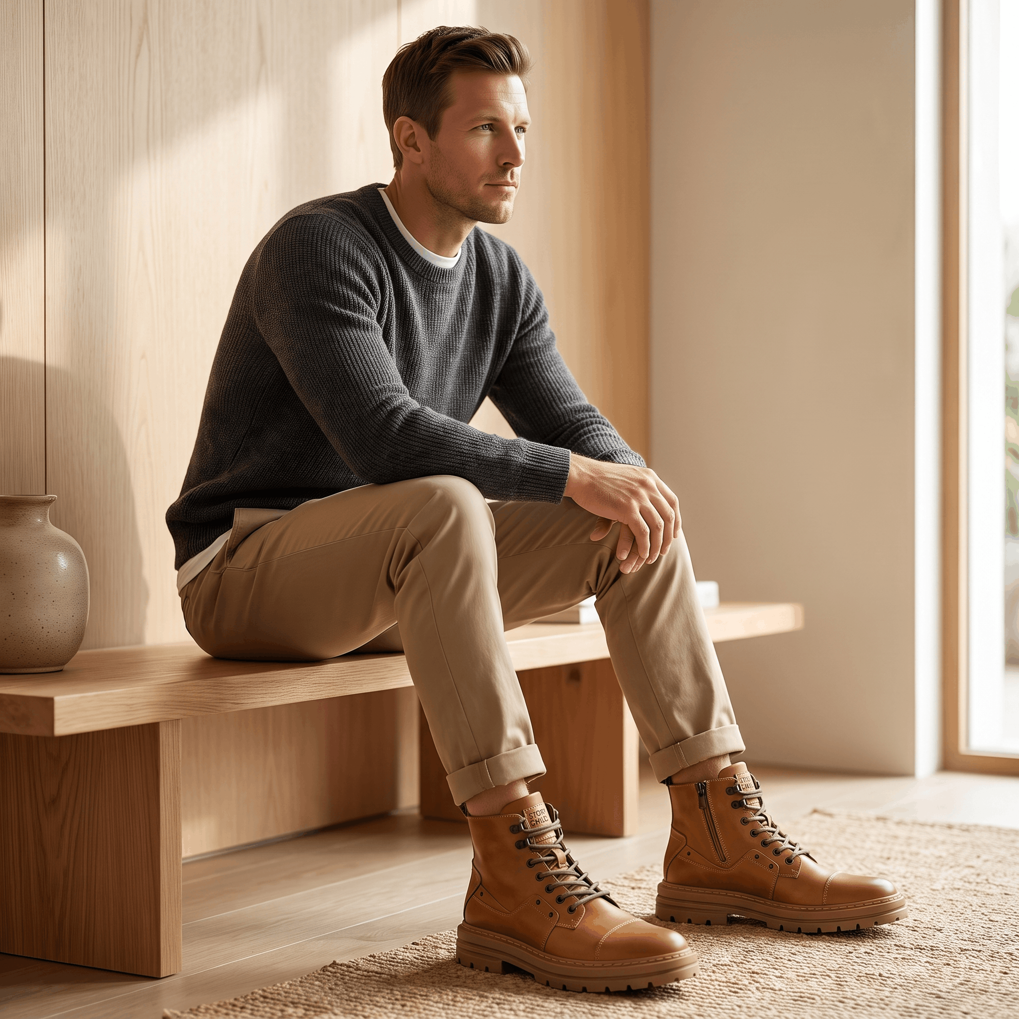 Tan leather combat boots with side zips, cap toe stitching, and chunky lug soles worn with cuffed chinos.