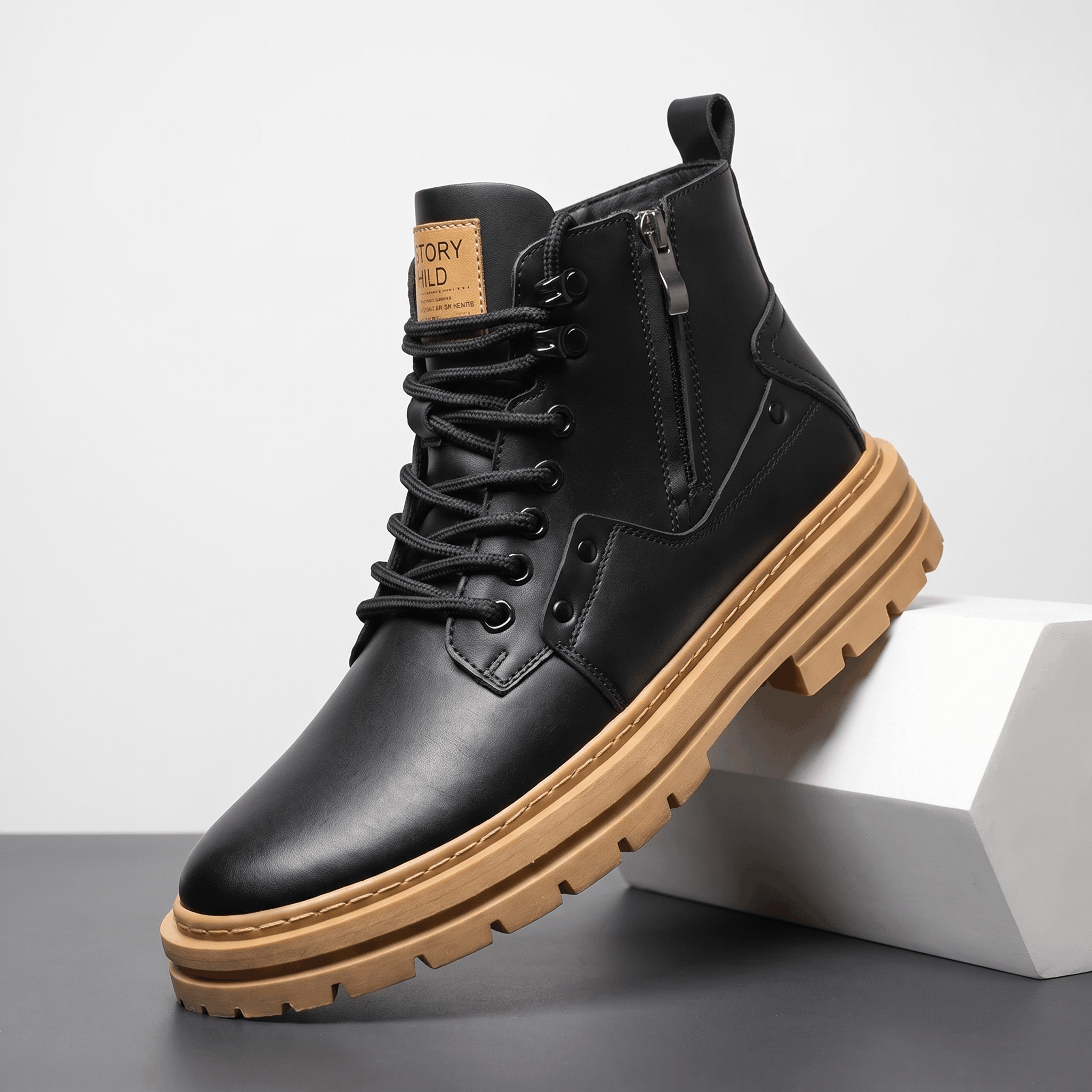 Black leather combat boot with side zip, tan lug sole, and reinforced cap toe on a white platform.