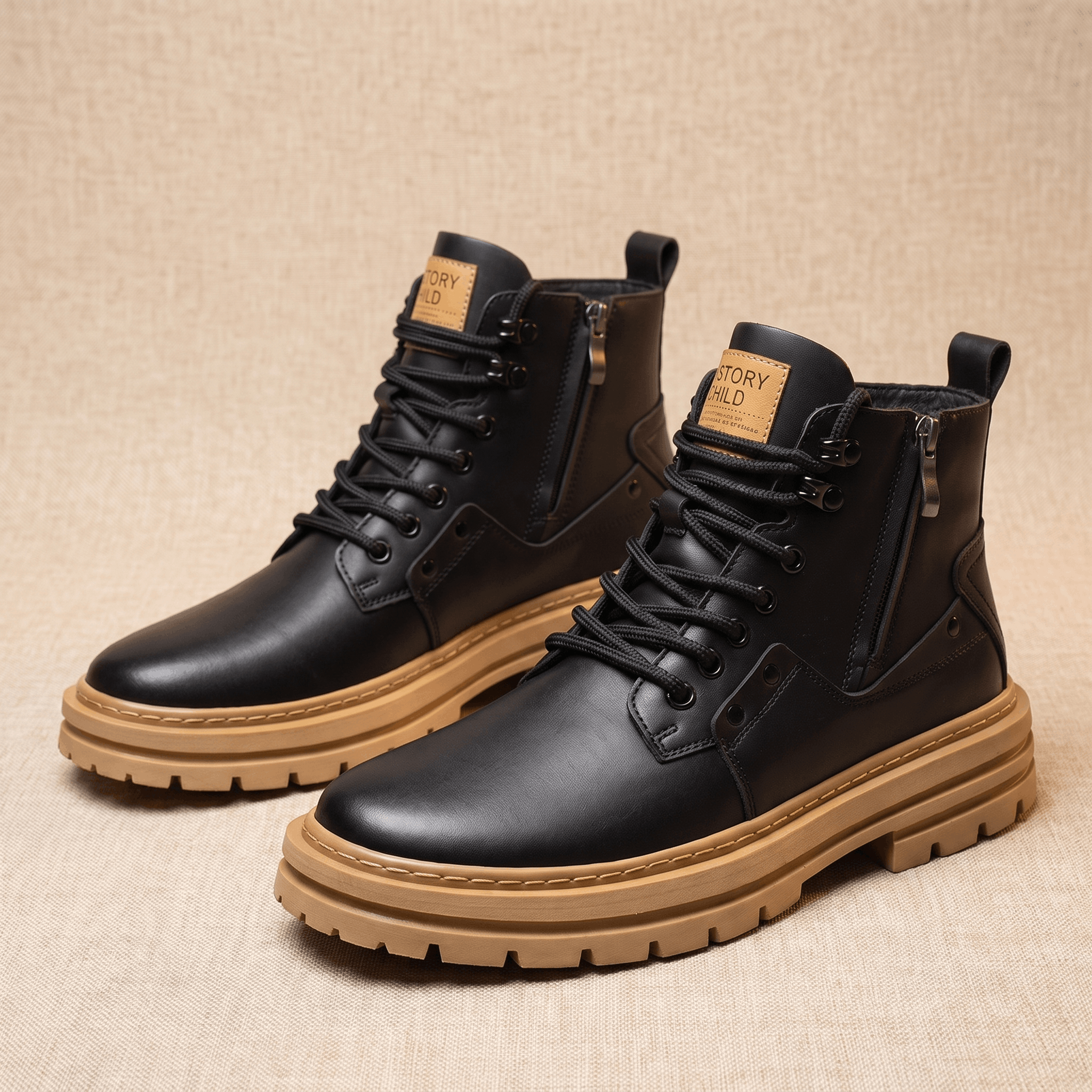 Black leather combat boots featuring a tan lug sole, side zipper, lace-up front, and reinforced cap toe stitching.