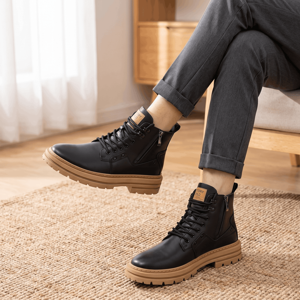 Black leather combat boots featuring a side zip, lace-up front, and a thick, tan lug sole, worn with grey trousers.