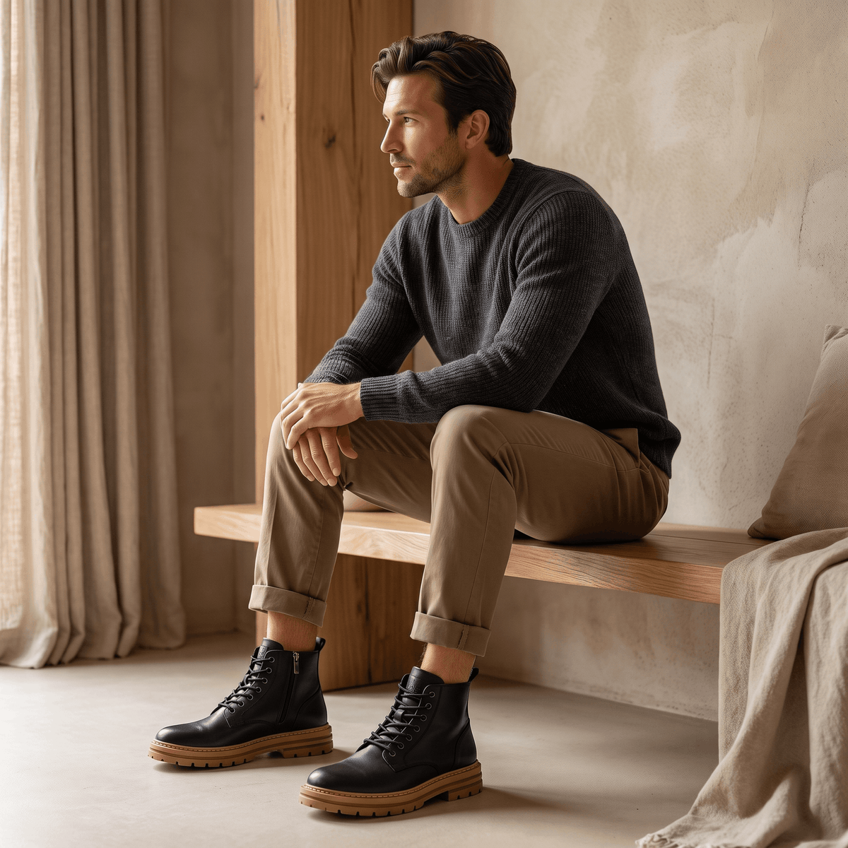 Black leather combat boots featuring a side zip, reinforced cap toe, and a chunky, stacked lug sole on a man sitting.