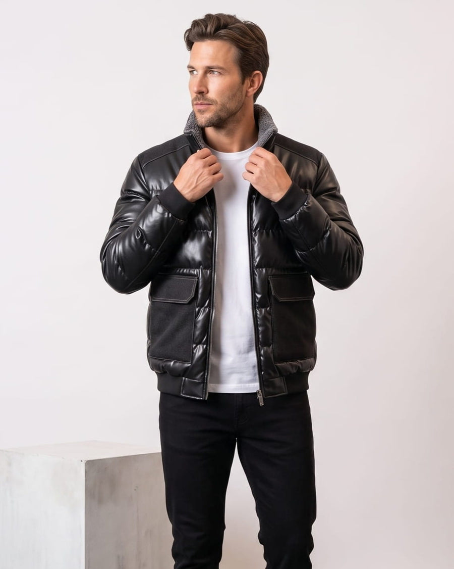 Horizontal-Quilted Leather-Look Bomber – Sherpa Collar & Flap Pockets | Northstar