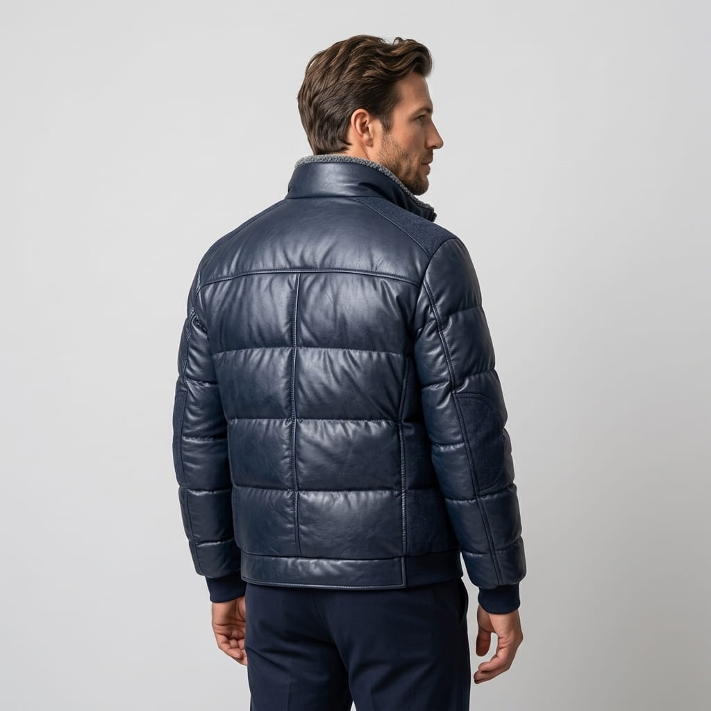 Back view of the blue Northstar leather-look bomber showing horizontal quilting and ribbed hem