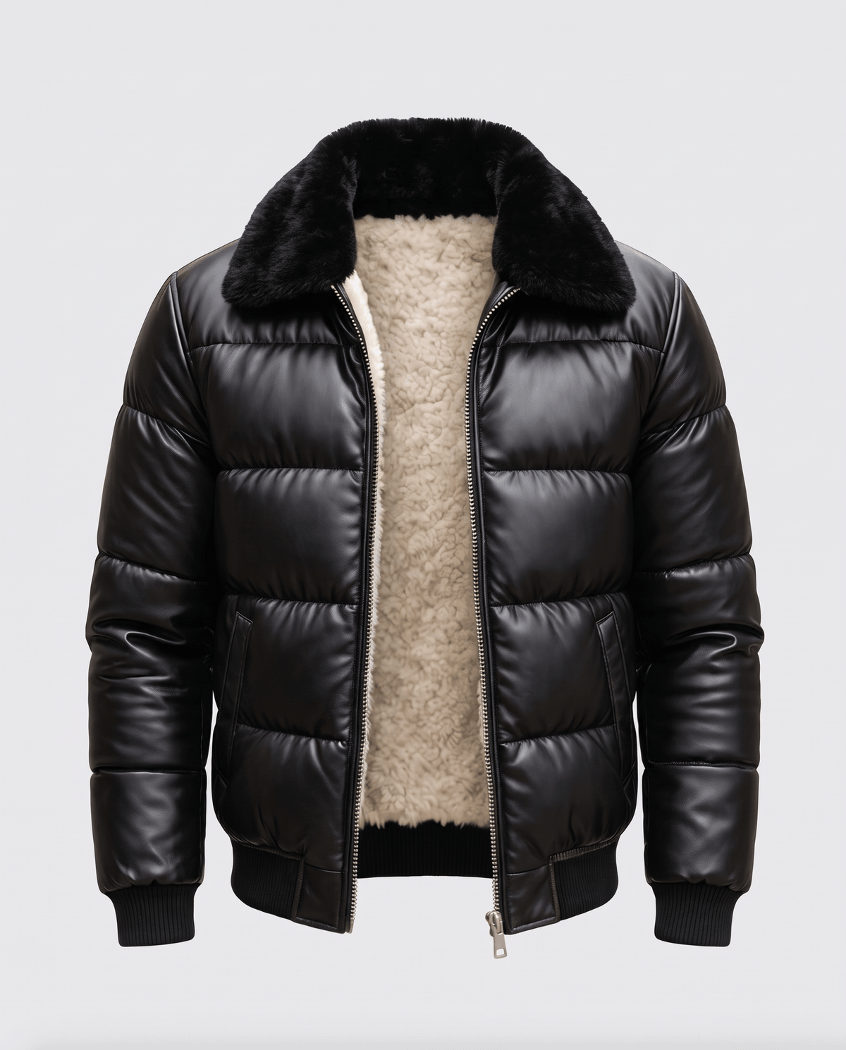Flat product shot of the bomber unzipped, cream pile lining visible throughout