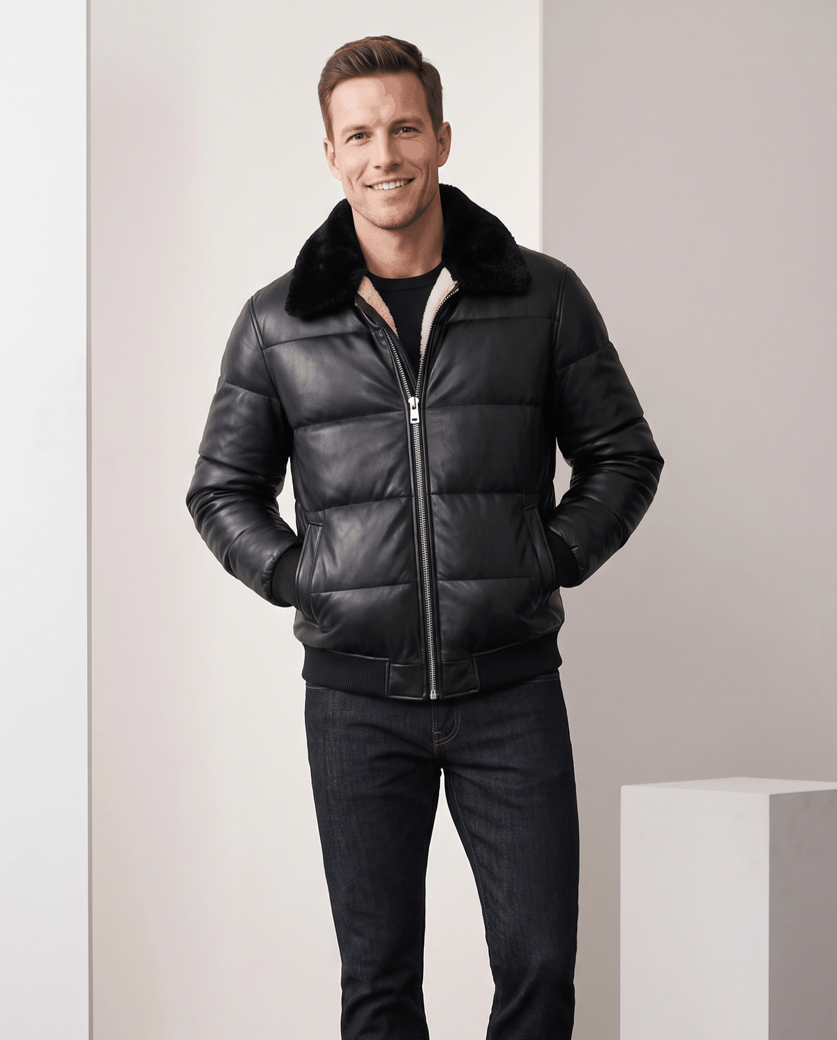 Man wearing black leather-look puffer bomber jacket with shearling-look collar, hands in pockets