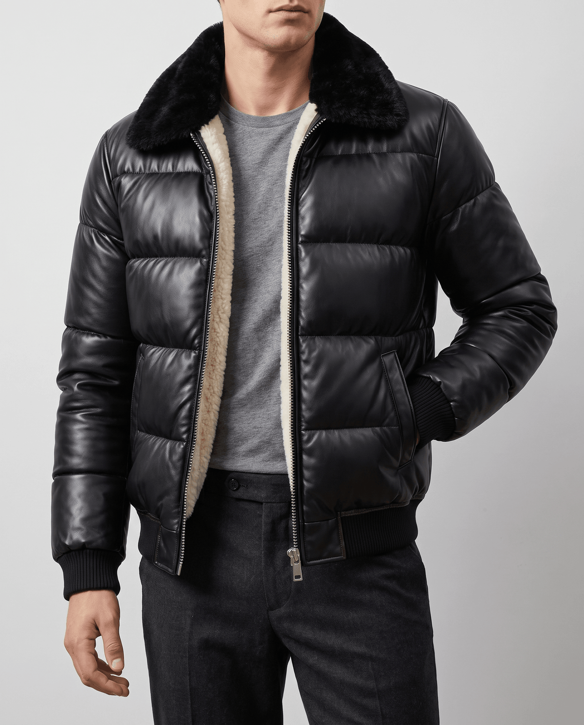 Jacket worn open showing cream shearling-look lining and zip placket over grey sweater