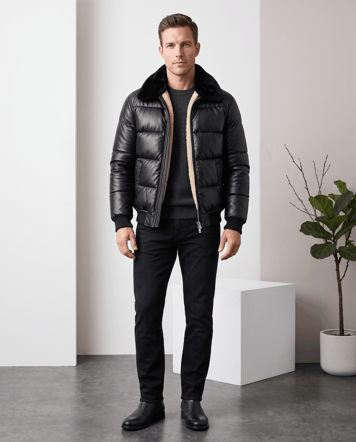 Full-length styling shot with black jeans and Chelsea boots, jacket zipped to mid-chest