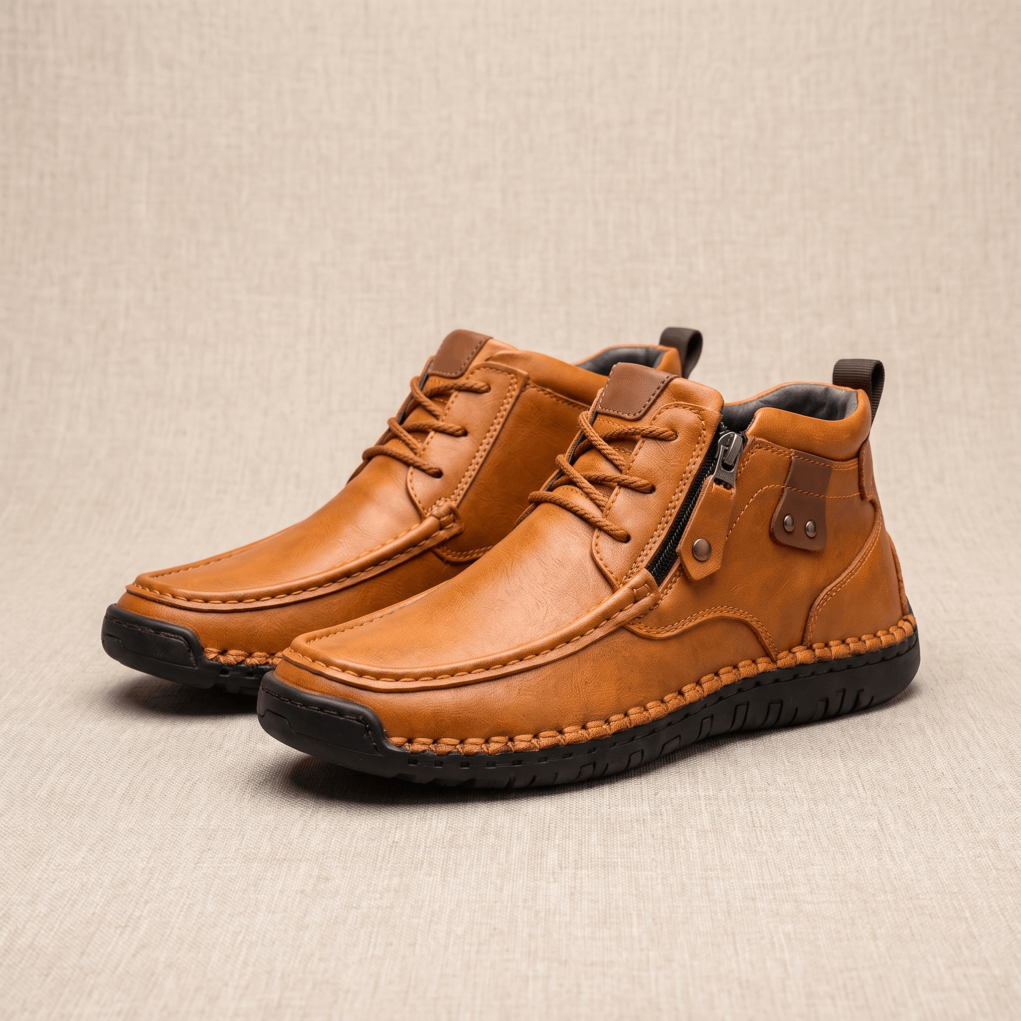 Brown leather moc toe boots featuring a side zip, whipstitched rubber midsole, and a wide apron seam on a neutral background.