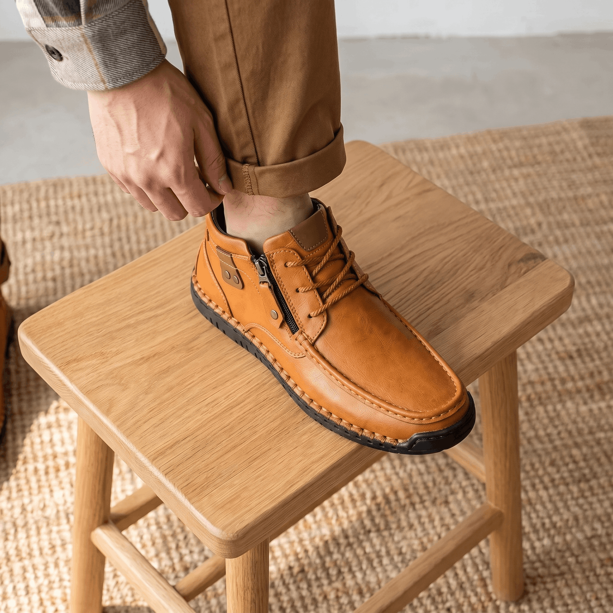 Brown leather moc toe boots featuring a side zip, apron seam, and whipstitched rubber midsole resting on a wooden stool.